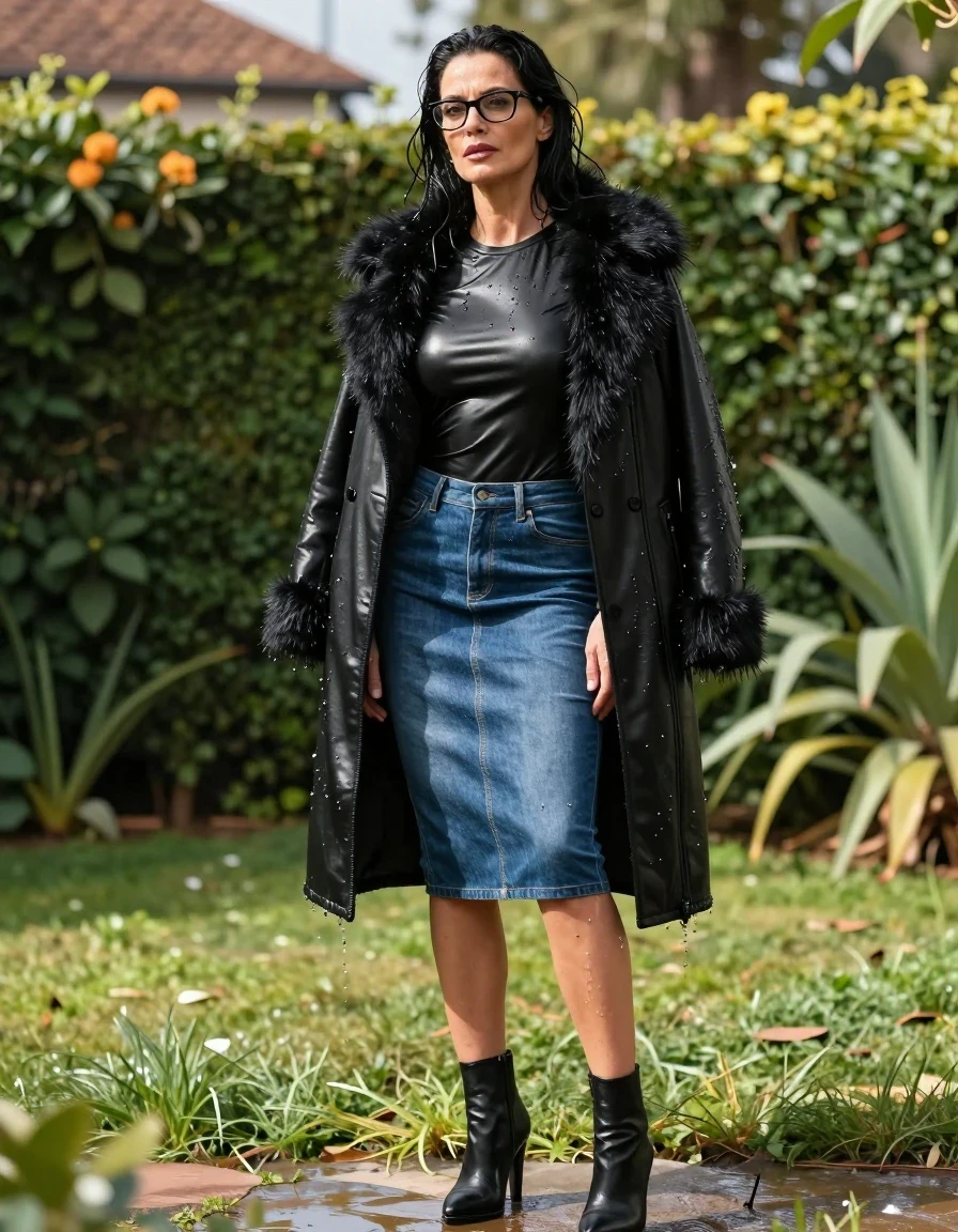 photo of young woman, in soaking wet, drenched clothes,
high heels black boots, long blue tight leather denim skirt, long black tight leather t-shirt, maxi black leather byker jacket with fur, in sunny garden, enjoying wet clothes stuck body, enjoying, wet clothes stuck to body, 
enjoying, wet clothes stuck to body,
detailed textures of the wet clothes, wet face, wet plastered hair,
wet, drenched, professional, high-quality details, full body view.
sharp focus, ultra-high pixel detail, realistic, high-quality, full colors, incredibly detailed, 4k, 8k, 16k, hyper-realistic, RAW photo, masterpiece, ultra-detailed, professionally color graded, professional photograph, europen brunette skinny woman 50 years old, long dark black hair, office glasses, very big and thick lips, complete body, wet skin, wet clothes, damp fabric, wet skin, wet clothes, damp fabric, wet skin, wet clothes, damp fabric, wet skin, wet clothes, damp fabric, wet skin, wet clothes, damp fabric, wet skin, wet clothes, damp fabric, wet skin, wet clothes, damp fabric