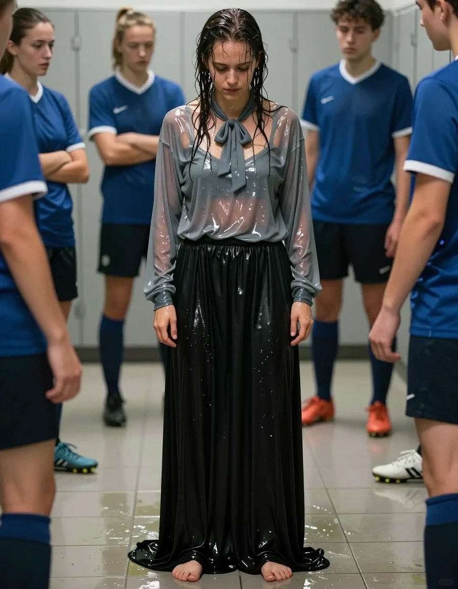 A photorealistic medium shot of a young adult European woman with wet, matted hair and glistening, damp skin, standing in a brightly lit gym dressing room. She is wearing a grey nylon long-sleeved oversized shirt that is soaked through, clinging to her skin with a high-gloss sheen and translucent patches, accented by a wet, limp bowtie at the collar. She wears a black cotton floor-length skirt that is heavy with water, clinging to her legs with deep, dark saturated folds and a heavy, weighted drape. Her bare feet are pressed against the cold, wet tiled floor. Her expression is submissive and vulnerable, looking down as she endures the bullying of an unseen female soccer team. The lighting is harsh, reflecting off the wet surfaces of her skin and clothing. The scene captures a high-contrast, cinematic atmosphere with realistic textures of sodden fabric, water-weighted garments, and a glossy, wet sheen throughout.