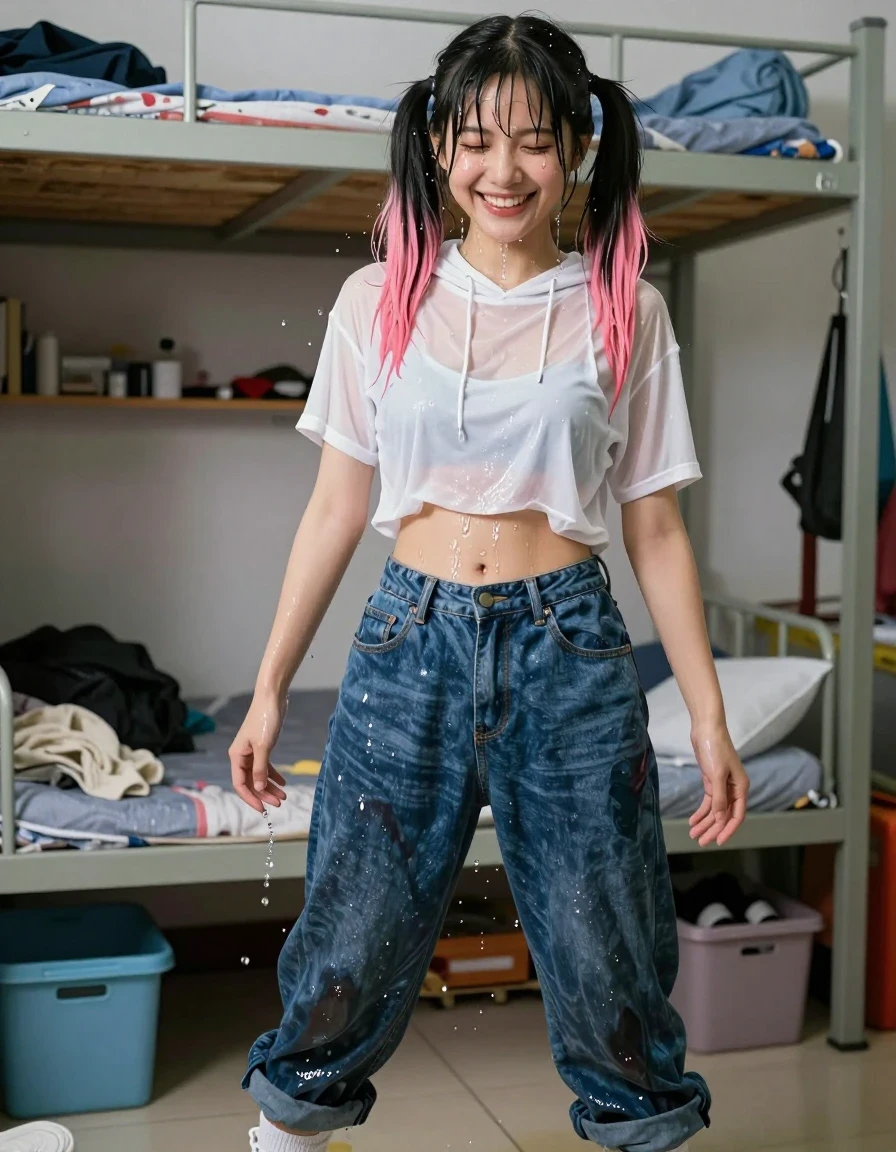 A photorealistic medium shot of a 19-year-old petite Taiwanese-American woman with black hair featuring pink ends styled in pigtails, standing in a messy dorm room. She has just drenched herself, resulting in a completely soaked appearance. Her hair is heavily saturated, dripping water onto her shoulders, with pigtails drooping from the weight. She wears a white crop top hoodie that is translucent and clinging to her skin, revealing clear textures underneath. She is wearing soaking-wet blue denim baggy jeans, water-saturated heavyweight denim, blue changed to deep navy and indigo, substantially darker unevenly soaked patches, absorbed water, heavy wet folds, visible weave and stitching, and strong glossy specular reflections on the raised weave, seams, and creases. She wears chunky platform sneakers and white socks that are sodden and clinging. She is captured in a playful magical-girl pose, grinning widely with water streaming down her face, glistening skin, and water droplets caught on her eyelashes. The lighting is natural indoor dorm light, highlighting the sheen of the wet clothing and the damp environment, 8k resolution, highly detailed textures, cinematic composition.
