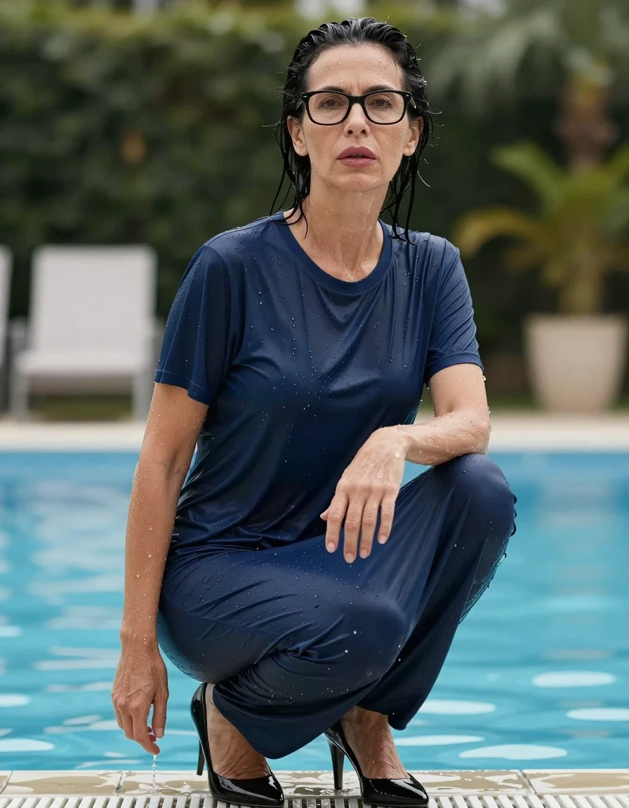 photo of young woman, in soaking wet, drenched clothes,
high black shoes, maxi dark blue t-shirt dress, maxi dark blue t-shirt dress, after bath in swiming pool, enjoying wet clothes stuck body, enjoying, wet clothes stuck to body, 
enjoying, wet clothes stuck to body,
detailed textures of the wet clothes, wet face, wet plastered hair,
wet, drenched, professional, high-quality details, full body view.
sharp focus, ultra-high pixel detail, realistic, high-quality, full colors, incredibly detailed, 4k, 8k, 16k, hyper-realistic, RAW photo, masterpiece, ultra-detailed, professionally color graded, professional photograph, europen brunette skinny woman 50 years old, long dark black hair, office glasses, very big and thick lips, complete body, wet skin, wet clothes, damp fabric, wet skin, wet clothes, damp fabric, wet skin, wet clothes, damp fabric, wet skin, wet clothes, damp fabric, wet skin, wet clothes, damp fabric, wet skin, wet clothes, damp fabric, wet skin, wet clothes, damp fabric