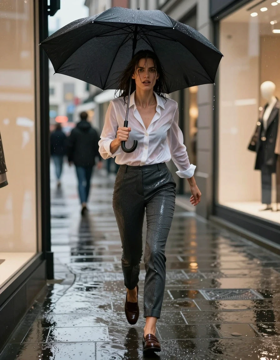 photo of young woman, in soaking wet, drenched clothes,
wet dark brown leather loafers with visible water pooling around soles, clinging wet charcoal grey slim-fit dress slacks with dark damp saturation, drenched sheer white silk button-down shirt tightly adhering to skin, rain-slicked urban sidewalk in a high-end shopping district at dusk, 
enjoying, wet clothes stuck to body,
detailed textures of the wet clothes, wet face, wet plastered hair,
wet, drenched, professional, high-quality details, full body view.
sharp focus, ultra-high pixel detail, realistic, high-quality, full colors, incredibly detailed, 4k, 8k, 16k, hyper-realistic, RAW photo, masterpiece, ultra-detailed, professionally color graded, professional photograph, subject frantically struggling to open a sleek black umbrella while rushing toward a shop window, fabric fibers clearly visible, wet hair plastered against cheeks, raindrops glistening on surfaces, editorial fashion photography, wide-angle street level view, cinematic natural lighting, sharp focus on subject, 8k resolution, photorealistic, wet skin, wet clothes, damp fabric