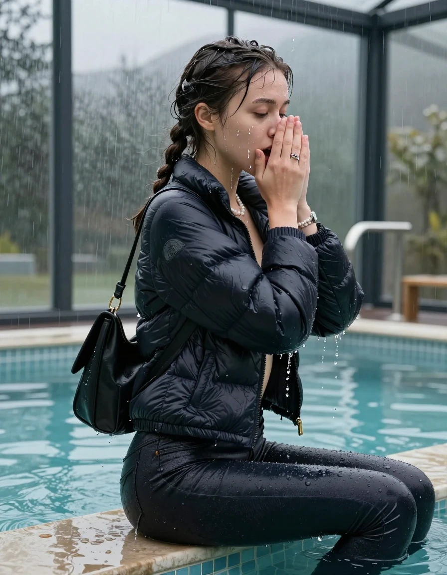 photo of young woman, in soaking wet, drenched clothes,
, Dark skinny jeans, north face puffer down jacket, Open jacket, tight v-neck sweater, shoulderbag, pearl necklace, bracelet, wristwatch, Steaming indoor jacuzzi , 
enjoying, wet clothes stuck to body,
detailed textures of the wet clothes, wet face, wet plastered hair,
wet, drenched, professional, high-quality details, full body view.
sharp focus, ultra-high pixel detail, realistic, high-quality, full colors, incredibly detailed, 4k, 8k, 16k, hyper-realistic, RAW photo, masterpiece, ultra-detailed, professionally color graded, professional photograph, A realistic vertical fashion photograph taken from a backward, behind-the-back angle of a 15-year-old teenage girl sitting  in a glass-walled outdoor swimming pool, facing to the camera to show her back. She is tilting her head at camera, letting the water drench her hair so it is glued flat against her head and body. She has two long braids , completely saturated and dripping wet hair, with water cascading down her face and neck. Afraid and astonished expression. cover her nose with her hands. open mouth, closed eyes. The lighting is bright and cinematic, highlighting the glistening water droplets on her skin and the saturated texture of her  casual clothes. Outside the large glass wall of the pool building, heavy rain is visible falling against the window. Soft, moody indoor lighting with reflections on the water. High-quality fashion photography style.
her clothing is soaking wet and clinging tightly to her skin, showing heavy wet folds, darkened fabric texture, and deep water-saturated Patches, her clothes are heavy from the water, water runs from her body and her clothes in streams. A lot of water also runs out of her clothes. Her clothes are darkened by the water. 
hyper-realistic wetness, high-contrast water sheen, sharp focus, 16k resolution, professional photography, realistic water physics., wet skin, wet clothes, damp fabric, wet skin, wet clothes, damp fabric, wet skin, wet clothes, damp fabric, wet skin, wet clothes, damp fabric, wet skin, wet clothes, damp fabric, wet skin, wet clothes, damp fabric, wet skin, wet clothes, damp fabric, wet skin, wet clothes, damp fabric, wet skin, wet clothes, damp fabric, wet skin, wet clothes, damp fabric, wet skin, wet clothes, damp fabric, wet skin, wet clothes, damp fabric, wet skin, wet clothes, damp fabric, wet skin, wet clothes, damp fabric, wet skin, wet clothes, damp fabric