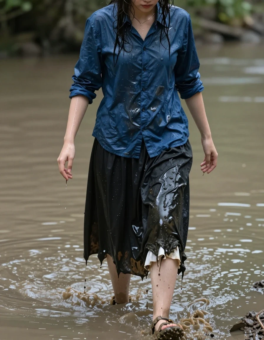 A photorealistic, full-body shot of a young adult European woman with a nerdy aesthetic, standing in a muddy river. She is wearing a deep blue men's button-down shirt that is thoroughly soaked, clinging to her skin with heavy, dark, water-saturated folds. Underneath, she wears a floor-length black cotton skirt layered over a white petticoat, both heavy with river water, dragging through thick mud, and clinging to her legs. She is wearing ruined, mud-caked sandals. Her skin is glistening with moisture, and her hair is damp and matted. The fabric of her clothes is visibly weighed down, darkened by water, showing realistic textures, creases, and water sheen. She is captured in the middle of trampling through the murky, silt-filled river water. Cinematic lighting highlights the specular reflections on her wet skin and the saturated, heavy fabric. High-resolution photography, sharp focus on the textures of the wet clothing and the muddy environment, shallow depth of field.