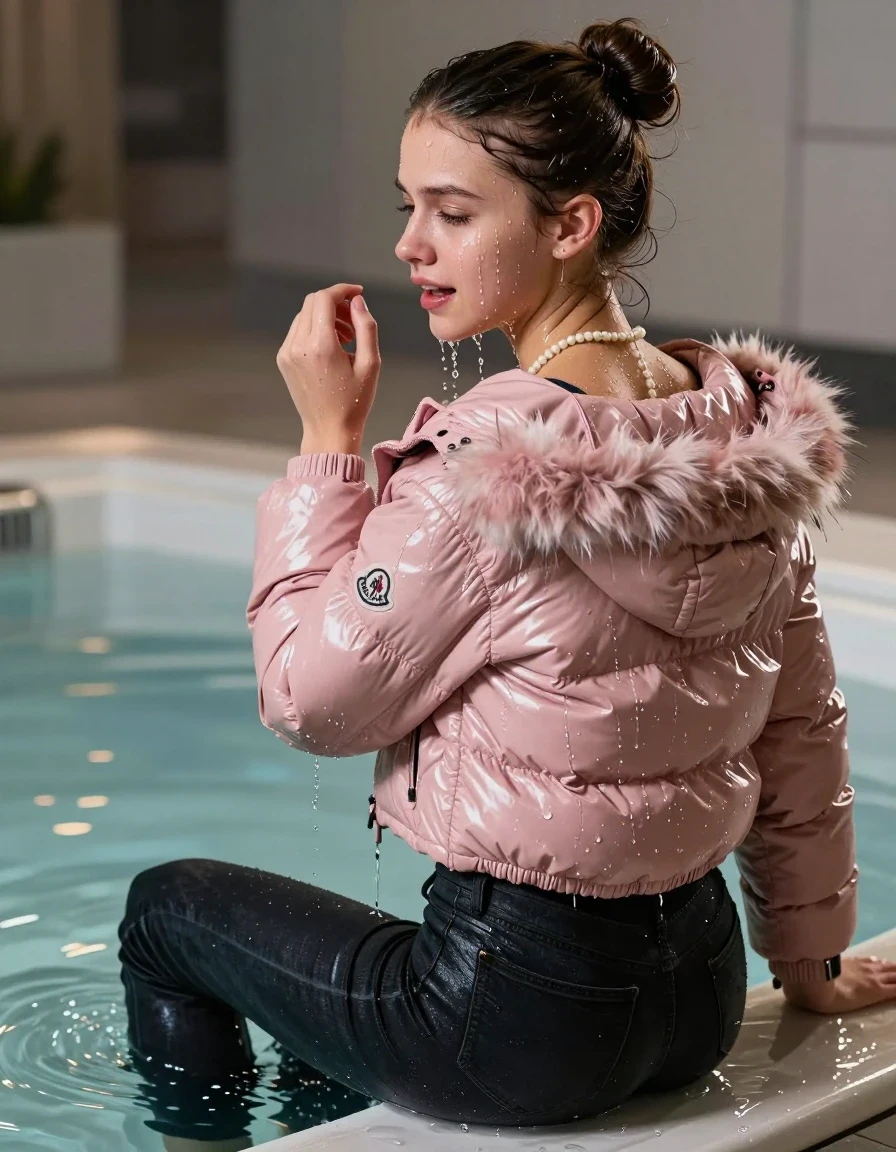 photo of young woman, in soaking wet, drenched clothes,
, Dark skinny jeans, Light pink Moncler shiny puffer down jacket with fur, Open jacket, tight v-neck sweater, shoulderbag, pearl necklace, bracelet, wristwatch, Steaming indoor jacuzzi , 
enjoying, wet clothes stuck to body,
detailed textures of the wet clothes, wet face, wet plastered hair,
wet, drenched, professional, high-quality details, full body view.
sharp focus, ultra-high pixel detail, realistic, high-quality, full colors, incredibly detailed, 4k, 8k, 16k, hyper-realistic, RAW photo, masterpiece, ultra-detailed, professionally color graded, professional photograph, A realistic vertical fashion photograph taken from a backward, behind-the-back angle of a 15-year-old teenage girl sitting in a steaming indoor jacuzzi, facing away from the camera to show her back. She is tilting her head at camera, letting the water drench her hair so it is glued flat against her head and body. She has a sleek bun , completely saturated and dripping wet hair, with water cascading down her face and neck, crying and astonished expression. open mouth, half closed eyes. The lighting is bright and cinematic, highlighting the glistening water droplets on her skin and the saturated texture of her  casual clothes.  half closed eyes. 
her clothing is soaking wet and clinging tightly to her skin, showing heavy wet folds, darkened fabric texture, and deep water-saturated Patches, her clothes are heavy from the water, water runs from her body and her clothes in streams. A lot of water also runs out of her clothes. Her clothes are darkened by the water. 
hyper-realistic wetness, high-contrast water sheen, sharp focus, 16k resolution, professional photography, realistic water physics., wet skin, wet clothes, damp fabric, wet skin, wet clothes, damp fabric, wet skin, wet clothes, damp fabric, wet skin, wet clothes, damp fabric, wet skin, wet clothes, damp fabric, wet skin, wet clothes, damp fabric, wet skin, wet clothes, damp fabric, wet skin, wet clothes, damp fabric, wet skin, wet clothes, damp fabric, wet skin, wet clothes, damp fabric, wet skin, wet clothes, damp fabric, wet skin, wet clothes, damp fabric, wet skin, wet clothes, damp fabric