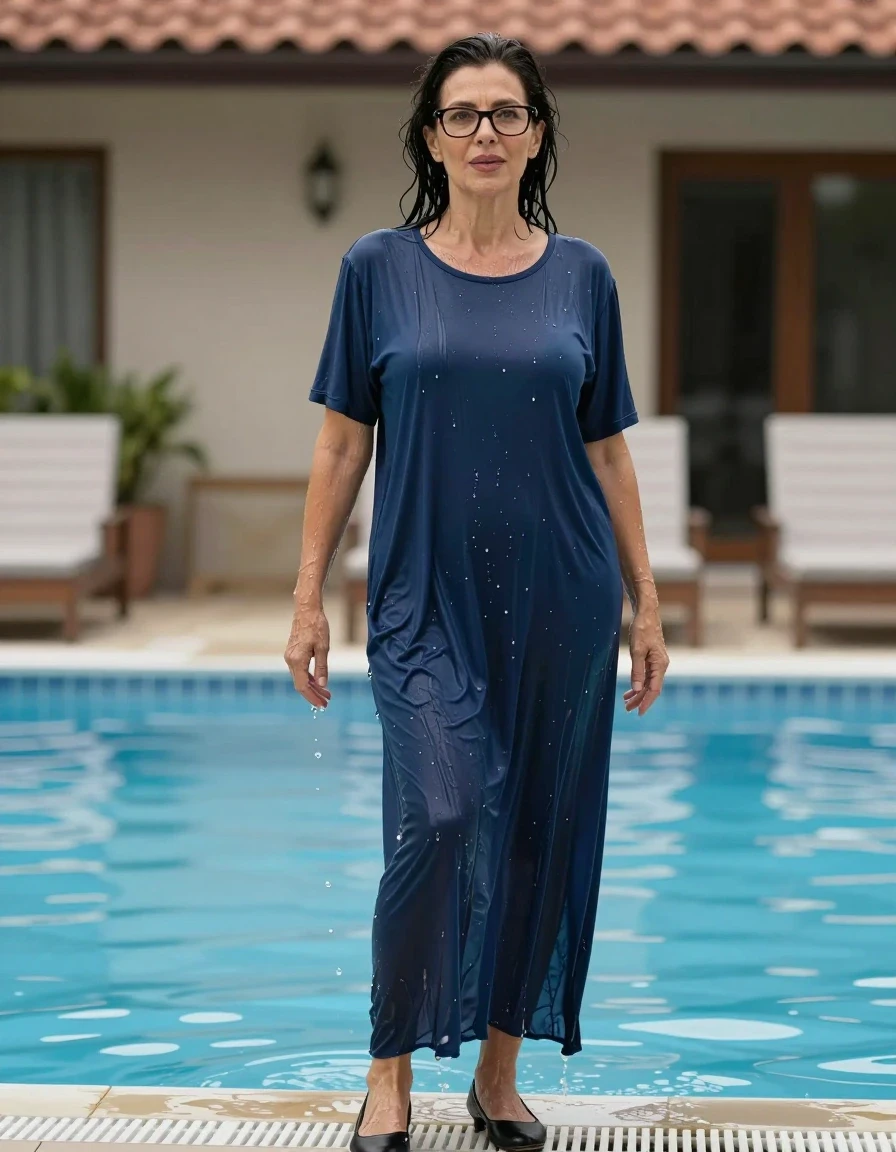 photo of young woman, in soaking wet, drenched clothes,
high black shoes, maxi dark blue t-shirt dress, maxi dark blue t-shirt dress, after bath in swiming pool, enjoying wet clothes stuck body, enjoying, wet clothes stuck to body, 
enjoying, wet clothes stuck to body,
detailed textures of the wet clothes, wet face, wet plastered hair,
wet, drenched, professional, high-quality details, full body view.
sharp focus, ultra-high pixel detail, realistic, high-quality, full colors, incredibly detailed, 4k, 8k, 16k, hyper-realistic, RAW photo, masterpiece, ultra-detailed, professionally color graded, professional photograph, europen brunette skinny woman 50 years old, long dark black hair, office glasses, very big and thick lips, complete body, wet skin, wet clothes, damp fabric, wet skin, wet clothes, damp fabric, wet skin, wet clothes, damp fabric, wet skin, wet clothes, damp fabric, wet skin, wet clothes, damp fabric, wet skin, wet clothes, damp fabric, wet skin, wet clothes, damp fabric
