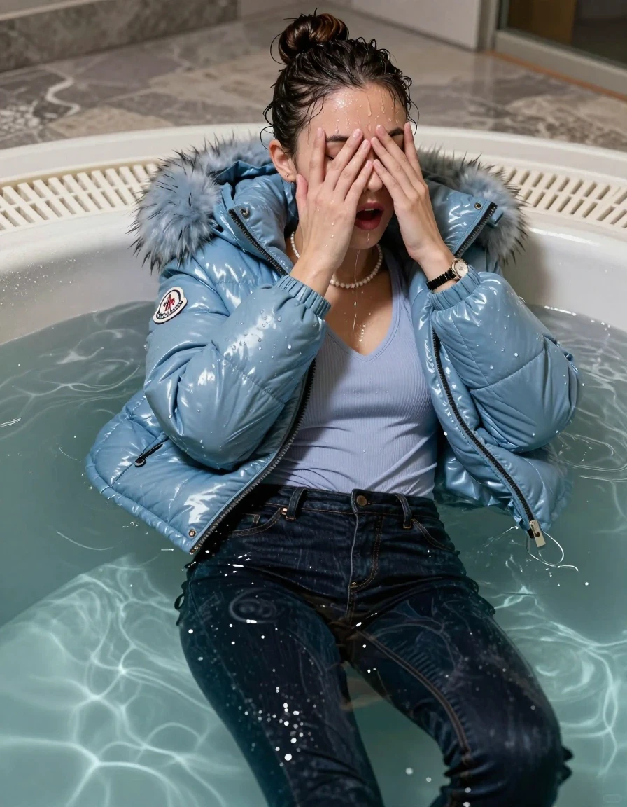 photo of young woman, in soaking wet, drenched clothes,
, Dark skinny jeans, Light blue Moncler shiny puffer down jacket with fur, Open jacket, tight v-neck sweater, shoulderbag, pearl necklace, bracelet, wristwatch, Steaming indoor jacuzzi , 
enjoying, wet clothes stuck to body,
detailed textures of the wet clothes, wet face, wet plastered hair,
wet, drenched, professional, high-quality details, full body view.
sharp focus, ultra-high pixel detail, realistic, high-quality, full colors, incredibly detailed, 4k, 8k, 16k, hyper-realistic, RAW photo, masterpiece, ultra-detailed, professionally color graded, professional photograph, A realistic vertical fashion photograph taken from a backward, behind-the-back angle of a 15-year-old teenage girl lying in a steaming indoor jacuzzi, facing to the camera to show her back. She is tilting her head at camera, letting the water drench her hair so it is glued flat against her head and body. She has a sleek bun , completely saturated and dripping wet hair, with water cascading down her face and neck. cover her whole face with her hands. open mouth, half closed eyes. The lighting is bright and cinematic, highlighting the glistening water droplets on her skin and the saturated texture of her  casual clothes.
her clothing is soaking wet and clinging tightly to her skin, showing heavy wet folds, darkened fabric texture, and deep water-saturated Patches, her clothes are heavy from the water, water runs from her body and her clothes in streams. A lot of water also runs out of her clothes. Her clothes are darkened by the water. 
hyper-realistic wetness, high-contrast water sheen, sharp focus, 16k resolution, professional photography, realistic water physics., wet skin, wet clothes, damp fabric, wet skin, wet clothes, damp fabric, wet skin, wet clothes, damp fabric, wet skin, wet clothes, damp fabric, wet skin, wet clothes, damp fabric, wet skin, wet clothes, damp fabric, wet skin, wet clothes, damp fabric, wet skin, wet clothes, damp fabric, wet skin, wet clothes, damp fabric, wet skin, wet clothes, damp fabric, wet skin, wet clothes, damp fabric, wet skin, wet clothes, damp fabric, wet skin, wet clothes, damp fabric
