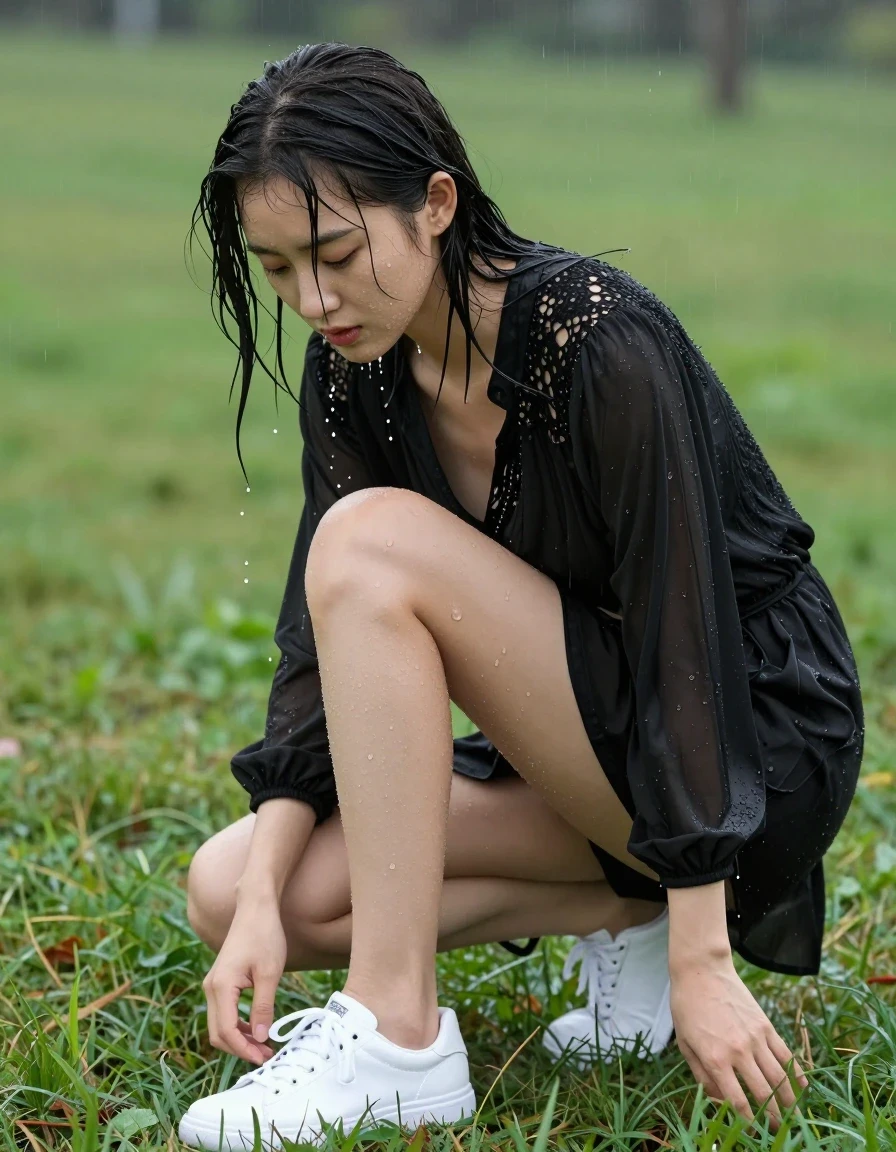 photo of young woman, in soaking wet, drenched clothes,
weiße sneakers, schwarzer kurzer Plisseerock aus Chiffon, weißer Slip,, schwarze chiffonbluse mit Spitze, grüne Wiese im Regen, 
enjoying, wet clothes stuck to body,
detailed textures of the wet clothes, wet face, wet plastered hair,
wet, drenched, professional, high-quality details, full body view.
sharp focus, ultra-high pixel detail, realistic, high-quality, full colors, incredibly detailed, 4k, 8k, 16k, hyper-realistic, RAW photo, masterpiece, ultra-detailed, professionally color graded, professional photograph, wet skin, wet clothes, damp fabric