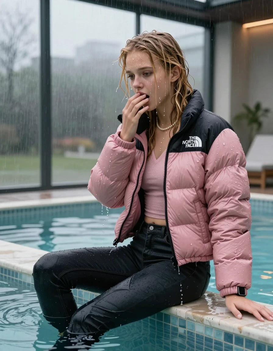 photo of young woman, in soaking wet, drenched clothes,
, Dark skinny jeans, Pink  north face puffer down jacket, Open jacket, tight v-neck sweater, shoulderbag, pearl necklace, bracelet, wristwatch, Steaming indoor jacuzzi , 
enjoying, wet clothes stuck to body,
detailed textures of the wet clothes, wet face, wet plastered hair,
wet, drenched, professional, high-quality details, full body view.
sharp focus, ultra-high pixel detail, realistic, high-quality, full colors, incredibly detailed, 4k, 8k, 16k, hyper-realistic, RAW photo, masterpiece, ultra-detailed, professionally color graded, professional photograph, A realistic vertical fashion photograph taken from a backward, behind-the-back angle of a 15-year-old teenage girl sitting  in a glass-walled outdoor swimming pool and want to Go back in the water, facing to the camera to show her back. She is tilting her head down, letting the water drench her hair so it is glued flat against her head and body. She has blonde sleek long hair with birkin bangs completely saturated and dripping wet hair, with water cascading down her face and neck. Afraid and astonished expression. open mouth, big eyes. She holds a Hand over her mouth. The lighting is bright and cinematic, highlighting the glistening water droplets on her skin and the saturated texture of her  casual clothes. Outside the large glass wall of the pool building, heavy rain is visible falling against the window. Soft, moody indoor lighting with reflections on the water. High-quality fashion photography style.
her clothing is soaking wet and clinging tightly to her skin, showing heavy wet folds, darkened fabric texture, and deep water-saturated Patches, her clothes are heavy from the water, water runs from her body and her clothes in streams. A lot of water also runs out of her clothes. Her clothes are darkened by the water. 
hyper-realistic wetness, high-contrast water sheen, sharp focus, 16k resolution, professional photography, realistic water physics., wet skin, wet clothes, damp fabric, wet skin, wet clothes, damp fabric, wet skin, wet clothes, damp fabric, wet skin, wet clothes, damp fabric, wet skin, wet clothes, damp fabric, wet skin, wet clothes, damp fabric, wet skin, wet clothes, damp fabric, wet skin, wet clothes, damp fabric, wet skin, wet clothes, damp fabric, wet skin, wet clothes, damp fabric, wet skin, wet clothes, damp fabric, wet skin, wet clothes, damp fabric, wet skin, wet clothes, damp fabric, wet skin, wet clothes, damp fabric, wet skin, wet clothes, damp fabric