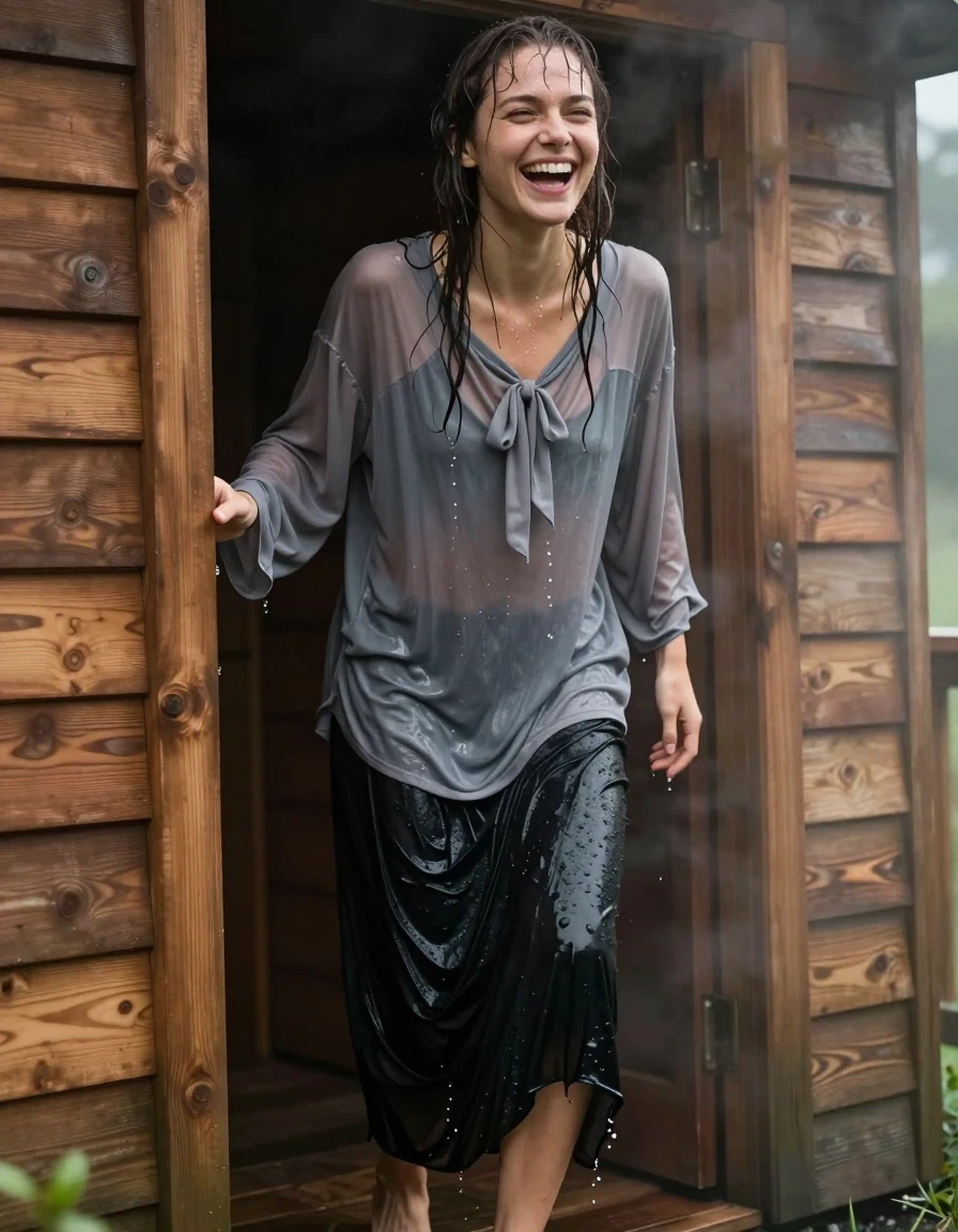 A photorealistic medium shot of a young adult European woman emerging from a steamy wooden cabin, laughter on her face, completely drenched and glistening with sweat. She is wearing a grey nylon long-sleeved oversized blouse with a bowtie, the fabric is visibly soaked, clinging to her skin, darkened by moisture, and heavy with water. Her black cotton floor-length skirt is heavy, dripping, and clings to her legs, showing deep saturation and wet texture. She is barefoot, with wet skin and damp hair plastered to her neck and forehead. The environment is humid and filled with lingering steam, creating a soft-focus atmosphere. High-resolution photography, sharp focus on the wet skin texture, water sheen, realistic fabric weight, natural lighting catching the droplets, cinematic composition.