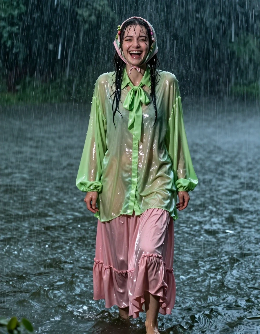 A photorealistic medium shot of a young adult European woman with a nerdy appearance, standing in a lake at night during a torrential downpour with huge, swirling winds. She is laughing, clearly enjoying the intensity of the storm. Her skin is glistening and soaked with rain, and her hair is wet, plastered to her head and shoulders. She wears a vibrant light green satin long-sleeved oversized shirt with a bowtie, and a pink silk floor-length skirt layered over multiple petticoats. The fabric of the shirt and skirt is heavy, damp, and clinging to her body, with deep, darkened color saturation, visible water sheen, and heavy, clinging folds caused by the deluge. She wears a silk headscarf adorned with flowers, which is soaked through and clinging to her hair. Her bare feet are visible as she stands in the shallow, turbulent lake water. The lighting is low and moody, punctuated by the dramatic, high-contrast reflections of rain on her wet skin and the glossy, darkened surfaces of her saturated clothing. Sharp focus, high-speed photography capturing the motion of the rain, cinematic composition, hyper-detailed textures.