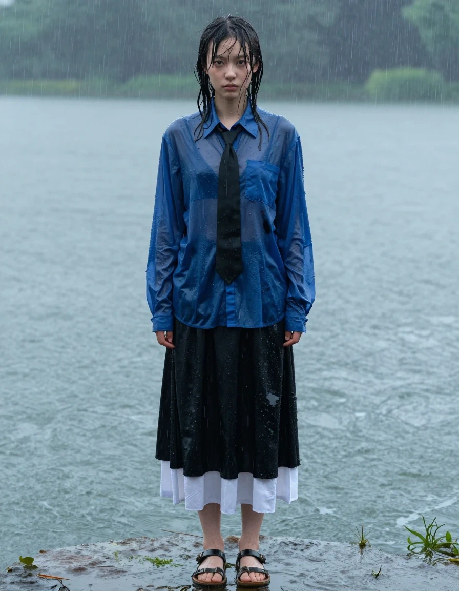 A photorealistic medium shot of a nerdy young adult European woman with wet skin and hair, standing in heavy rain at a lake. She is wearing a long-sleeved oversized deep blue see-through buttoned-down shirt, fully saturated with water and clinging to her skin, worn over a black necktie. Below, she wears a floor-length cotton black skirt layered over a white petticoat, both fabrics soaked, heavy with water, and clinging to her legs. She wears ruined sandals on her feet. The environment is an atmospheric lake during a downpour, with visible rain streaks, damp fabric textures, dark soaked patches on the clothing, and glossy water sheen on skin and garments. High-contrast cinematic lighting, sharp focus on the subject, intricate details of wet fabric folds and water-darkened textures, 8k resolution, realistic rain physics.