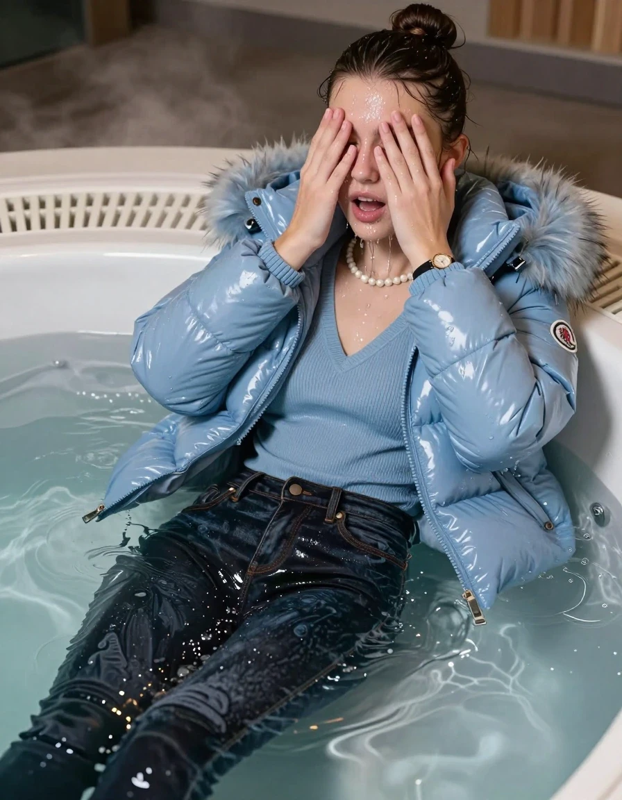 photo of young woman, in soaking wet, drenched clothes,
, Dark skinny jeans, Light blue Moncler shiny puffer down jacket with fur, Open jacket, tight v-neck sweater, shoulderbag, pearl necklace, bracelet, wristwatch, Steaming indoor jacuzzi , 
enjoying, wet clothes stuck to body,
detailed textures of the wet clothes, wet face, wet plastered hair,
wet, drenched, professional, high-quality details, full body view.
sharp focus, ultra-high pixel detail, realistic, high-quality, full colors, incredibly detailed, 4k, 8k, 16k, hyper-realistic, RAW photo, masterpiece, ultra-detailed, professionally color graded, professional photograph, A realistic vertical fashion photograph taken from a backward, behind-the-back angle of a 15-year-old teenage girl lying in a steaming indoor jacuzzi, facing to the camera to show her back. She is tilting her head at camera, letting the water drench her hair so it is glued flat against her head and body. She has a sleek bun , completely saturated and dripping wet hair, with water cascading down her face and neck. cover her whole face with her hands. open mouth, half closed eyes. The lighting is bright and cinematic, highlighting the glistening water droplets on her skin and the saturated texture of her  casual clothes.  half closed eyes. 
her clothing is soaking wet and clinging tightly to her skin, showing heavy wet folds, darkened fabric texture, and deep water-saturated Patches, her clothes are heavy from the water, water runs from her body and her clothes in streams. A lot of water also runs out of her clothes. Her clothes are darkened by the water. 
hyper-realistic wetness, high-contrast water sheen, sharp focus, 16k resolution, professional photography, realistic water physics., wet skin, wet clothes, damp fabric, wet skin, wet clothes, damp fabric, wet skin, wet clothes, damp fabric, wet skin, wet clothes, damp fabric, wet skin, wet clothes, damp fabric, wet skin, wet clothes, damp fabric, wet skin, wet clothes, damp fabric, wet skin, wet clothes, damp fabric, wet skin, wet clothes, damp fabric, wet skin, wet clothes, damp fabric, wet skin, wet clothes, damp fabric, wet skin, wet clothes, damp fabric, wet skin, wet clothes, damp fabric