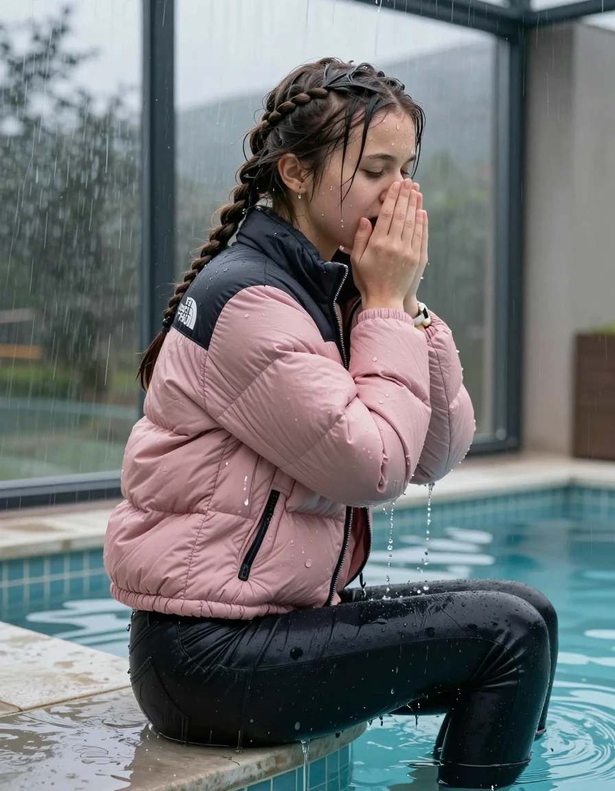 photo of young woman, in soaking wet, drenched clothes,
, Dark skinny jeans, Pink north face puffer down jacket, Open jacket, tight v-neck sweater, shoulderbag, pearl necklace, bracelet, wristwatch, Steaming indoor jacuzzi , 
enjoying, wet clothes stuck to body,
detailed textures of the wet clothes, wet face, wet plastered hair,
wet, drenched, professional, high-quality details, full body view.
sharp focus, ultra-high pixel detail, realistic, high-quality, full colors, incredibly detailed, 4k, 8k, 16k, hyper-realistic, RAW photo, masterpiece, ultra-detailed, professionally color graded, professional photograph, A realistic vertical fashion photograph taken from a backward, behind-the-back angle of a 15-year-old teenage girl sitting  in a glass-walled outdoor swimming pool, facing to the camera to show her back. She is tilting her head at camera, letting the water drench her hair so it is glued flat against her head and body. She has two long braids , completely saturated and dripping wet hair, with water cascading down her face and neck. Afraid and astonished expression. cover her nose with her hands. open mouth, closed eyes. The lighting is bright and cinematic, highlighting the glistening water droplets on her skin and the saturated texture of her  casual clothes. Outside the large glass wall of the pool building, heavy rain is visible falling against the window. Soft, moody indoor lighting with reflections on the water. High-quality fashion photography style.
her clothing is soaking wet and clinging tightly to her skin, showing heavy wet folds, darkened fabric texture, and deep water-saturated Patches, her clothes are heavy from the water, water runs from her body and her clothes in streams. A lot of water also runs out of her clothes. Her clothes are darkened by the water. 
hyper-realistic wetness, high-contrast water sheen, sharp focus, 16k resolution, professional photography, realistic water physics., wet skin, wet clothes, damp fabric, wet skin, wet clothes, damp fabric, wet skin, wet clothes, damp fabric, wet skin, wet clothes, damp fabric, wet skin, wet clothes, damp fabric, wet skin, wet clothes, damp fabric, wet skin, wet clothes, damp fabric, wet skin, wet clothes, damp fabric, wet skin, wet clothes, damp fabric, wet skin, wet clothes, damp fabric, wet skin, wet clothes, damp fabric, wet skin, wet clothes, damp fabric, wet skin, wet clothes, damp fabric, wet skin, wet clothes, damp fabric, wet skin, wet clothes, damp fabric