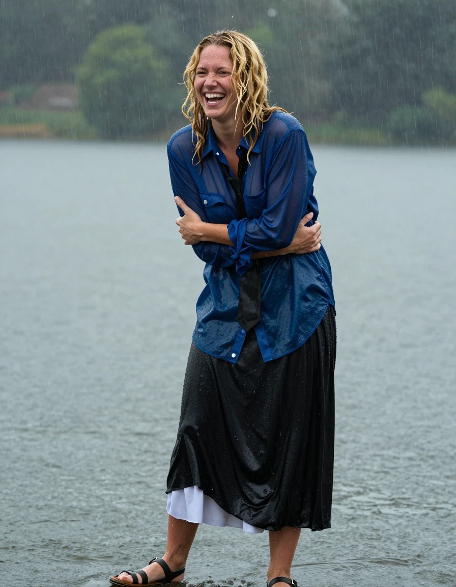 photo of young woman, in soaking wet, drenched clothes,
sandals, floor-length cotton black skirt. white petticoat, long-sleeved oversized deep blue see-through buttoned-down shirt, black necktie, enjoying the rain in a lake, laughing, hugging herself, 
enjoying, wet clothes stuck to body,
detailed textures of the wet clothes, wet face, wet plastered hair,
wet, drenched, professional, high-quality details, full body view.
sharp focus, ultra-high pixel detail, realistic, high-quality, full colors, incredibly detailed, 4k, 8k, 16k, hyper-realistic, RAW photo, masterpiece, ultra-detailed, professionally color graded, professional photograph, blonde, curly haired, nerdy, heavy rain, wet skin, wet clothes, damp fabric, wet skin, wet clothes, damp fabric
