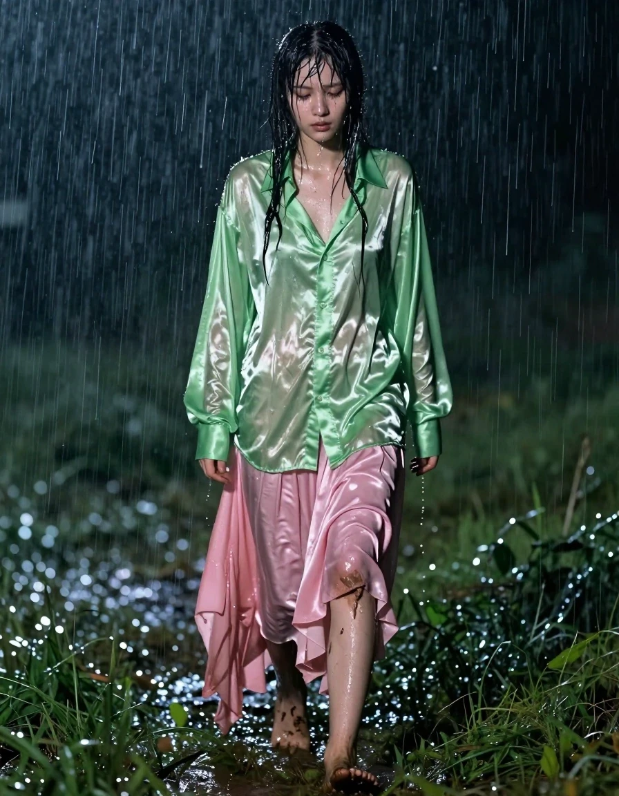 A photorealistic full-body shot of a nerdy, exhausted young adult European woman walking home through empty fields at night during a torrential downpour. She is wearing an oversized, unbuttoned vivid light green satin long-sleeved shirt, clinging to her skin with heavy wet folds and a high-sheen, saturated texture. Beneath, she wears a floor-length pink silk skirt layered over multiple heavy, water-logged petticoats that are dragging and clinging to her legs. Her feet are bare with ruined, cracked, and mud-stained heels, trudging through wet grass. Her skin and hair are drenched, with water streaming down her face and plastered hair, emphasizing the soaked, heavy weight of the fabric. The environment is dark and atmospheric, lit by a subtle, cold moonlight reflecting off the torrential rain and the glossy, wet surfaces of the clothing. Cinematic, high-detail photography, shot on 35mm lens, sharp focus on the textures of the wet silk and skin, dramatic lighting, hyper-realistic water effects.