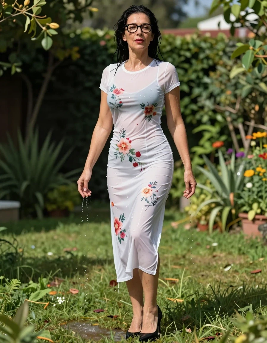 photo of young woman, in soaking wet, drenched clothes,
high heels black shoes, long white floral tight t-shirt dress, long white floral tight t-shirt dress, in sunny garden, enjoying wet clothes stuck body, enjoying, wet clothes stuck to body, 
enjoying, wet clothes stuck to body,
detailed textures of the wet clothes, wet face, wet plastered hair,
wet, drenched, professional, high-quality details, full body view.
sharp focus, ultra-high pixel detail, realistic, high-quality, full colors, incredibly detailed, 4k, 8k, 16k, hyper-realistic, RAW photo, masterpiece, ultra-detailed, professionally color graded, professional photograph, europen brunette skinny woman 50 years old, long dark black hair, office glasses, very big and thick lips, complete body, wet skin, wet clothes, damp fabric, wet skin, wet clothes, damp fabric, wet skin, wet clothes, damp fabric, wet skin, wet clothes, damp fabric, wet skin, wet clothes, damp fabric, wet skin, wet clothes, damp fabric, wet skin, wet clothes, damp fabric