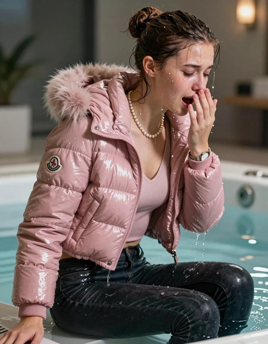 photo of young woman, in soaking wet, drenched clothes,
, Dark skinny jeans, Light pink Moncler shiny puffer down jacket with fur, Open jacket, tight v-neck sweater, shoulderbag, pearl necklace, bracelet, wristwatch, Steaming indoor jacuzzi , 
enjoying, wet clothes stuck to body,
detailed textures of the wet clothes, wet face, wet plastered hair,
wet, drenched, professional, high-quality details, full body view.
sharp focus, ultra-high pixel detail, realistic, high-quality, full colors, incredibly detailed, 4k, 8k, 16k, hyper-realistic, RAW photo, masterpiece, ultra-detailed, professionally color graded, professional photograph, A realistic vertical fashion photograph taken from a backward, behind-the-back angle of a 15-year-old teenage girl sitting in a steaming indoor jacuzzi, facing away from the camera to show her back. She is tilting her head at camera, letting the water drench her hair so it is glued flat against her head and body. She has a sleek bun , completely saturated and dripping wet hair, with water cascading down her face and neck, crying and astonished expression. Hold her hand over her mouth. open mouth, half closed eyes. The lighting is bright and cinematic, highlighting the glistening water droplets on her skin and the saturated texture of her  casual clothes.  half closed eyes. 
her clothing is soaking wet and clinging tightly to her skin, showing heavy wet folds, darkened fabric texture, and deep water-saturated Patches, her clothes are heavy from the water, water runs from her body and her clothes in streams. A lot of water also runs out of her clothes. Her clothes are darkened by the water. 
hyper-realistic wetness, high-contrast water sheen, sharp focus, 16k resolution, professional photography, realistic water physics., wet skin, wet clothes, damp fabric, wet skin, wet clothes, damp fabric, wet skin, wet clothes, damp fabric, wet skin, wet clothes, damp fabric, wet skin, wet clothes, damp fabric, wet skin, wet clothes, damp fabric, wet skin, wet clothes, damp fabric, wet skin, wet clothes, damp fabric, wet skin, wet clothes, damp fabric, wet skin, wet clothes, damp fabric, wet skin, wet clothes, damp fabric, wet skin, wet clothes, damp fabric, wet skin, wet clothes, damp fabric