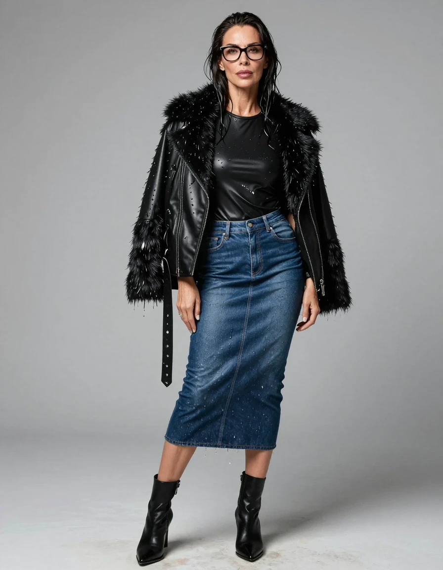 photo of young woman, in soaking wet, drenched clothes,
high heels black boots, long blue tight leather denim skirt, long black tight leather t-shirt, maxi black leather byker jacket with fur, enjoying wet clothes stuck body, enjoying, wet clothes stuck to body, 
enjoying, wet clothes stuck to body,
detailed textures of the wet clothes, wet face, wet plastered hair,
wet, drenched, professional, high-quality details, full body view.
sharp focus, ultra-high pixel detail, realistic, high-quality, full colors, incredibly detailed, 4k, 8k, 16k, hyper-realistic, RAW photo, masterpiece, ultra-detailed, professionally color graded, professional photograph, europen brunette skinny woman 50 years old, long dark black hair, office glasses, very big and thick lips, complete body, wet skin, wet clothes, damp fabric, wet skin, wet clothes, damp fabric, wet skin, wet clothes, damp fabric, wet skin, wet clothes, damp fabric, wet skin, wet clothes, damp fabric, wet skin, wet clothes, damp fabric, wet skin, wet clothes, damp fabric