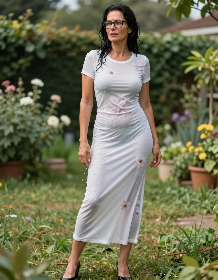 photo of young woman, in soaking wet, drenched clothes,
high black shoes, long white floral tight t-shirt dress, long white floral tight t-shirt dress, in sunny garden, enjoying wet clothes stuck body, enjoying, wet clothes stuck to body, 
enjoying, wet clothes stuck to body,
detailed textures of the wet clothes, wet face, wet plastered hair,
wet, drenched, professional, high-quality details, full body view.
sharp focus, ultra-high pixel detail, realistic, high-quality, full colors, incredibly detailed, 4k, 8k, 16k, hyper-realistic, RAW photo, masterpiece, ultra-detailed, professionally color graded, professional photograph, europen brunette skinny woman 50 years old, long dark black hair, office glasses, very big and thick lips, complete body, wet skin, wet clothes, damp fabric, wet skin, wet clothes, damp fabric, wet skin, wet clothes, damp fabric, wet skin, wet clothes, damp fabric, wet skin, wet clothes, damp fabric, wet skin, wet clothes, damp fabric, wet skin, wet clothes, damp fabric