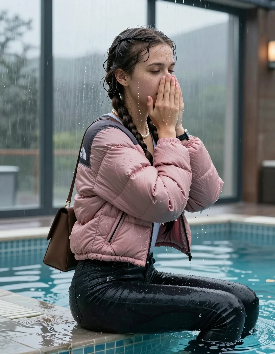 photo of young woman, in soaking wet, drenched clothes,
, Dark skinny jeans, Pink north face puffer down jacket, Open jacket, tight v-neck sweater, shoulderbag, pearl necklace, bracelet, wristwatch, Steaming indoor jacuzzi , 
enjoying, wet clothes stuck to body,
detailed textures of the wet clothes, wet face, wet plastered hair,
wet, drenched, professional, high-quality details, full body view.
sharp focus, ultra-high pixel detail, realistic, high-quality, full colors, incredibly detailed, 4k, 8k, 16k, hyper-realistic, RAW photo, masterpiece, ultra-detailed, professionally color graded, professional photograph, A realistic vertical fashion photograph taken from a backward, behind-the-back angle of a 15-year-old teenage girl sitting  in a glass-walled outdoor swimming pool, facing to the camera to show her back. She is tilting her head at camera, letting the water drench her hair so it is glued flat against her head and body. She has two long braids , completely saturated and dripping wet hair, with water cascading down her face and neck. Afraid and astonished expression. cover her nose with her hands. open mouth, closed eyes. The lighting is bright and cinematic, highlighting the glistening water droplets on her skin and the saturated texture of her  casual clothes. Outside the large glass wall of the pool building, heavy rain is visible falling against the window. Soft, moody indoor lighting with reflections on the water. High-quality fashion photography style.
her clothing is soaking wet and clinging tightly to her skin, showing heavy wet folds, darkened fabric texture, and deep water-saturated Patches, her clothes are heavy from the water, water runs from her body and her clothes in streams. A lot of water also runs out of her clothes. Her clothes are darkened by the water. 
hyper-realistic wetness, high-contrast water sheen, sharp focus, 16k resolution, professional photography, realistic water physics., wet skin, wet clothes, damp fabric, wet skin, wet clothes, damp fabric, wet skin, wet clothes, damp fabric, wet skin, wet clothes, damp fabric, wet skin, wet clothes, damp fabric, wet skin, wet clothes, damp fabric, wet skin, wet clothes, damp fabric, wet skin, wet clothes, damp fabric, wet skin, wet clothes, damp fabric, wet skin, wet clothes, damp fabric, wet skin, wet clothes, damp fabric, wet skin, wet clothes, damp fabric, wet skin, wet clothes, damp fabric, wet skin, wet clothes, damp fabric, wet skin, wet clothes, damp fabric