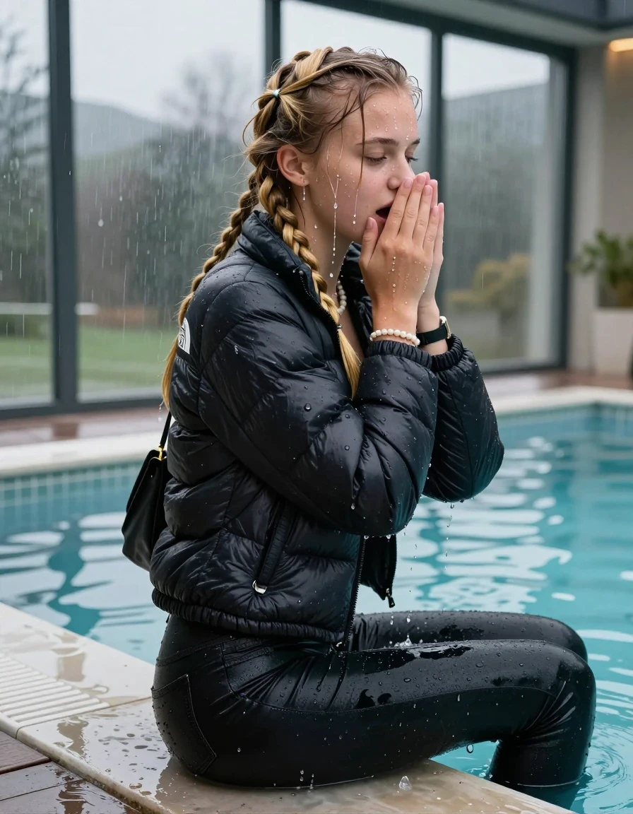 photo of young woman, in soaking wet, drenched clothes,
, Dark skinny jeans,  north face puffer down jacket, Open jacket, tight v-neck sweater, shoulderbag, pearl necklace, bracelet, wristwatch, Steaming indoor jacuzzi , 
enjoying, wet clothes stuck to body,
detailed textures of the wet clothes, wet face, wet plastered hair,
wet, drenched, professional, high-quality details, full body view.
sharp focus, ultra-high pixel detail, realistic, high-quality, full colors, incredibly detailed, 4k, 8k, 16k, hyper-realistic, RAW photo, masterpiece, ultra-detailed, professionally color graded, professional photograph, A realistic vertical fashion photograph taken from a backward, behind-the-back angle of a 15-year-old teenage girl sitting  in a glass-walled outdoor swimming pool, facing to the camera to show her back. She is tilting her head at camera, letting the water drench her hair so it is glued flat against her head and body. She has two blonde long braids , completely saturated and dripping wet hair, with water cascading down her face and neck. Afraid and astonished expression. cover her nose with her hands. open mouth, closed eyes. The lighting is bright and cinematic, highlighting the glistening water droplets on her skin and the saturated texture of her  casual clothes. Outside the large glass wall of the pool building, heavy rain is visible falling against the window. Soft, moody indoor lighting with reflections on the water. High-quality fashion photography style.
her clothing is soaking wet and clinging tightly to her skin, showing heavy wet folds, darkened fabric texture, and deep water-saturated Patches, her clothes are heavy from the water, water runs from her body and her clothes in streams. A lot of water also runs out of her clothes. Her clothes are darkened by the water. 
hyper-realistic wetness, high-contrast water sheen, sharp focus, 16k resolution, professional photography, realistic water physics., wet skin, wet clothes, damp fabric, wet skin, wet clothes, damp fabric, wet skin, wet clothes, damp fabric, wet skin, wet clothes, damp fabric, wet skin, wet clothes, damp fabric, wet skin, wet clothes, damp fabric, wet skin, wet clothes, damp fabric, wet skin, wet clothes, damp fabric, wet skin, wet clothes, damp fabric, wet skin, wet clothes, damp fabric, wet skin, wet clothes, damp fabric, wet skin, wet clothes, damp fabric, wet skin, wet clothes, damp fabric, wet skin, wet clothes, damp fabric, wet skin, wet clothes, damp fabric
