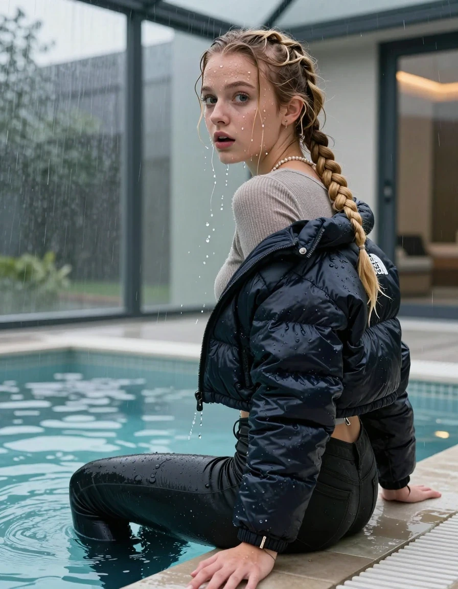 photo of young woman, in soaking wet, drenched clothes,
, Dark skinny jeans,  north face puffer down jacket, Open jacket, tight v-neck sweater, shoulderbag, pearl necklace, bracelet, wristwatch, Steaming indoor jacuzzi , 
enjoying, wet clothes stuck to body,
detailed textures of the wet clothes, wet face, wet plastered hair,
wet, drenched, professional, high-quality details, full body view.
sharp focus, ultra-high pixel detail, realistic, high-quality, full colors, incredibly detailed, 4k, 8k, 16k, hyper-realistic, RAW photo, masterpiece, ultra-detailed, professionally color graded, professional photograph, A realistic vertical fashion photograph taken from a backward, behind-the-back angle of a 15-year-old teenage girl sitting  in a glass-walled outdoor swimming pool and want to Go back in the water, facing to the camera to show her back. She is tilting her head at camera, letting the water drench her hair so it is glued flat against her head and body. She has two blonde long braids , completely saturated and dripping wet hair, with water cascading down her face and neck. Afraid and astonished expression. open mouth, big eyes. The lighting is bright and cinematic, highlighting the glistening water droplets on her skin and the saturated texture of her  casual clothes. Outside the large glass wall of the pool building, heavy rain is visible falling against the window. Soft, moody indoor lighting with reflections on the water. High-quality fashion photography style.
her clothing is soaking wet and clinging tightly to her skin, showing heavy wet folds, darkened fabric texture, and deep water-saturated Patches, her clothes are heavy from the water, water runs from her body and her clothes in streams. A lot of water also runs out of her clothes. Her clothes are darkened by the water. 
hyper-realistic wetness, high-contrast water sheen, sharp focus, 16k resolution, professional photography, realistic water physics., wet skin, wet clothes, damp fabric, wet skin, wet clothes, damp fabric, wet skin, wet clothes, damp fabric, wet skin, wet clothes, damp fabric, wet skin, wet clothes, damp fabric, wet skin, wet clothes, damp fabric, wet skin, wet clothes, damp fabric, wet skin, wet clothes, damp fabric, wet skin, wet clothes, damp fabric, wet skin, wet clothes, damp fabric, wet skin, wet clothes, damp fabric, wet skin, wet clothes, damp fabric, wet skin, wet clothes, damp fabric, wet skin, wet clothes, damp fabric, wet skin, wet clothes, damp fabric