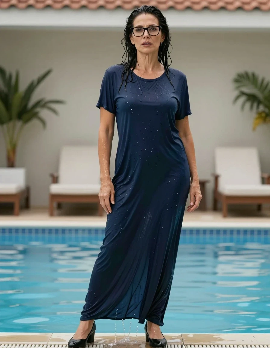 photo of young woman, in soaking wet, drenched clothes,
high black shoes, maxi dark blue t-shirt dress, maxi dark blue t-shirt dress, after bath in swiming pool, enjoying wet clothes stuck body, enjoying, wet clothes stuck to body, 
enjoying, wet clothes stuck to body,
detailed textures of the wet clothes, wet face, wet plastered hair,
wet, drenched, professional, high-quality details, full body view.
sharp focus, ultra-high pixel detail, realistic, high-quality, full colors, incredibly detailed, 4k, 8k, 16k, hyper-realistic, RAW photo, masterpiece, ultra-detailed, professionally color graded, professional photograph, europen brunette skinny woman 50 years old, long dark black hair, office glasses, very big and thick lips, complete body, wet skin, wet clothes, damp fabric, wet skin, wet clothes, damp fabric, wet skin, wet clothes, damp fabric, wet skin, wet clothes, damp fabric, wet skin, wet clothes, damp fabric, wet skin, wet clothes, damp fabric, wet skin, wet clothes, damp fabric