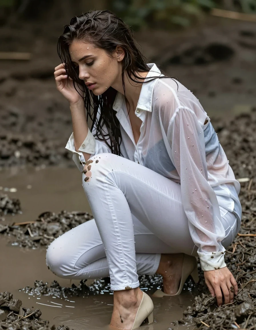 photo of young woman, in soaking wet, drenched clothes,
pumps, dark white slim floor-length silk jeans, see-through, dark white oversized long blouse, see-through, mud pool, 
enjoying, wet clothes stuck to body,
detailed textures of the wet clothes, wet face, wet plastered hair,
wet, drenched, professional, high-quality details, full body view.
sharp focus, ultra-high pixel detail, realistic, high-quality, full colors, incredibly detailed, 4k, 8k, 16k, hyper-realistic, RAW photo, masterpiece, ultra-detailed, professionally color graded, professional photograph, collar, long sleeves, buttoned,muddy wet hair, long hair, muddy clothes, submerged, full body view, see-through, side view, muddy clothes, wet skin, wet clothes, damp fabric