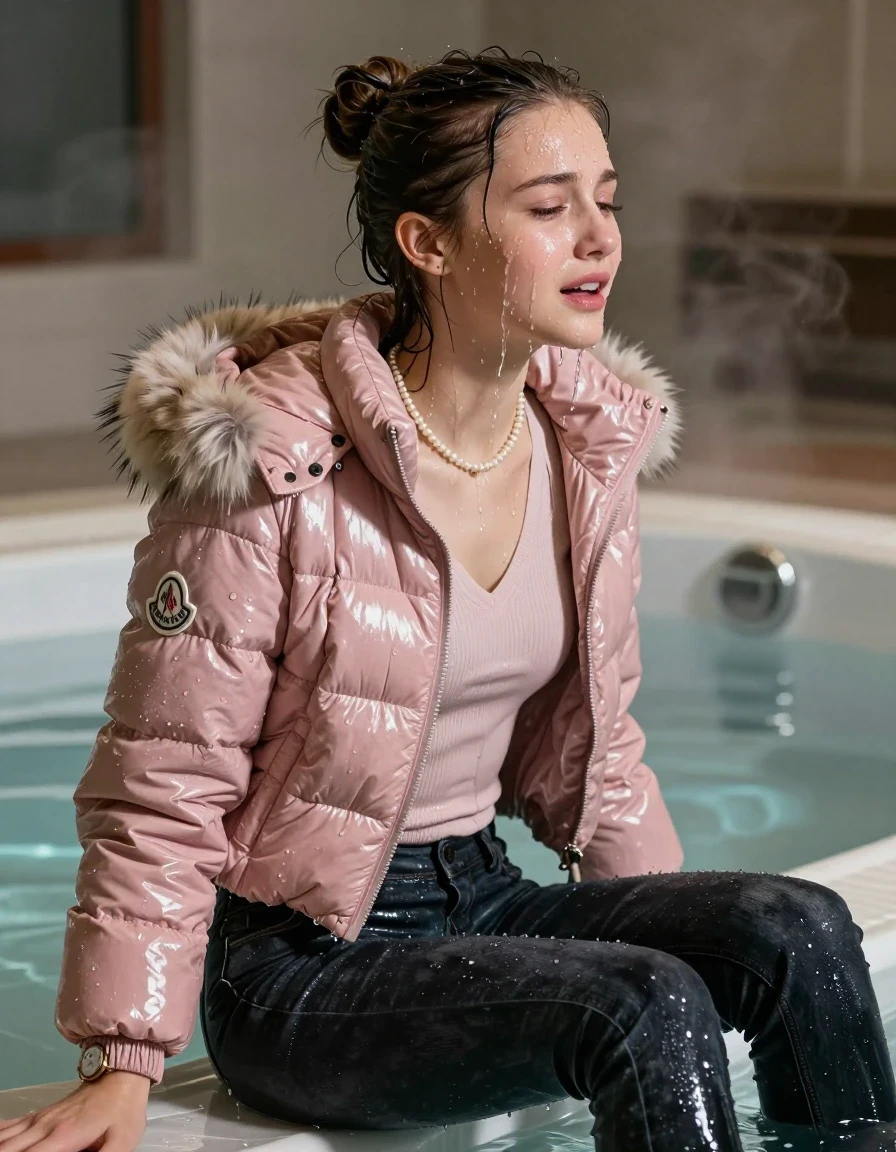 photo of young woman, in soaking wet, drenched clothes,
, Dark skinny jeans, Light pink Moncler shiny puffer down jacket with fur, Open jacket, tight v-neck sweater, shoulderbag, pearl necklace, bracelet, wristwatch, Steaming indoor jacuzzi , 
enjoying, wet clothes stuck to body,
detailed textures of the wet clothes, wet face, wet plastered hair,
wet, drenched, professional, high-quality details, full body view.
sharp focus, ultra-high pixel detail, realistic, high-quality, full colors, incredibly detailed, 4k, 8k, 16k, hyper-realistic, RAW photo, masterpiece, ultra-detailed, professionally color graded, professional photograph, A realistic vertical fashion photograph taken from a backward, behind-the-back angle of a 15-year-old teenage girl sitting in a steaming indoor jacuzzi, facing away from the camera to show her back. She is tilting her head at camera, letting the water drench her hair so it is glued flat against her head and body. She has a sleek bun , completely saturated and dripping wet hair, with water cascading down her face and neck, crying and astonished expression. The lighting is bright and cinematic, highlighting the glistening water droplets on her skin and the saturated texture of her  casual clothes.  half closed eyes. 
her clothing is soaking wet and clinging tightly to her skin, showing heavy wet folds, darkened fabric texture, and deep water-saturated Patches, her clothes are heavy from the water, water runs from her body and her clothes in streams. A lot of water also runs out of her clothes. Her clothes are darkened by the water. 
hyper-realistic wetness, high-contrast water sheen, sharp focus, 16k resolution, professional photography, realistic water physics., wet skin, wet clothes, damp fabric, wet skin, wet clothes, damp fabric, wet skin, wet clothes, damp fabric, wet skin, wet clothes, damp fabric, wet skin, wet clothes, damp fabric, wet skin, wet clothes, damp fabric, wet skin, wet clothes, damp fabric, wet skin, wet clothes, damp fabric, wet skin, wet clothes, damp fabric, wet skin, wet clothes, damp fabric, wet skin, wet clothes, damp fabric, wet skin, wet clothes, damp fabric, wet skin, wet clothes, damp fabric