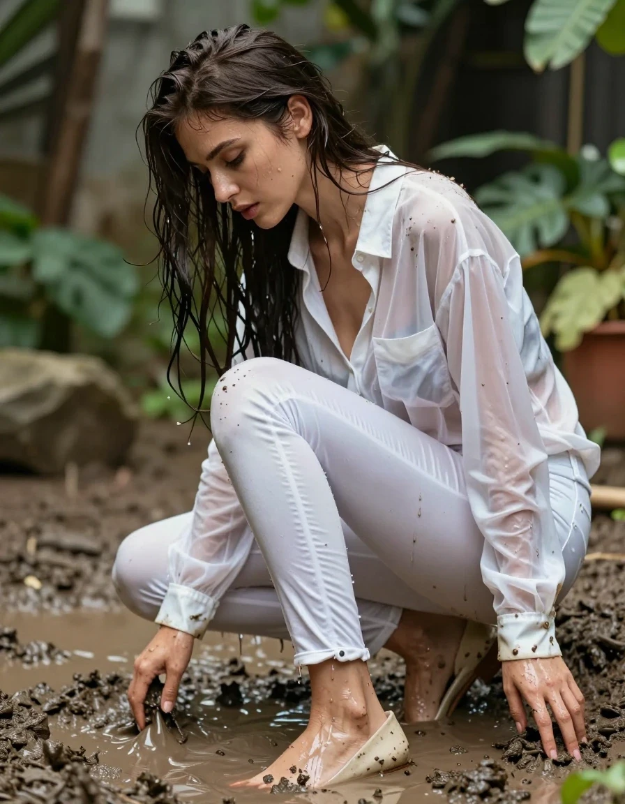 photo of young woman, in soaking wet, drenched clothes,
pumps, dark white slim floor-length silk jeans, see-through, dark white oversized long blouse, see-through, garden, mud rolling, 
enjoying, wet clothes stuck to body,
detailed textures of the wet clothes, wet face, wet plastered hair,
wet, drenched, professional, high-quality details, full body view.
sharp focus, ultra-high pixel detail, realistic, high-quality, full colors, incredibly detailed, 4k, 8k, 16k, hyper-realistic, RAW photo, masterpiece, ultra-detailed, professionally color graded, professional photograph, collar, long sleeves, buttoned,muddy wet clinging hair, long hair, drenched, dripping wet and muddy, submerged, full body view, see-through, side view, muddy clothes, wet skin, wet clothes, damp fabric