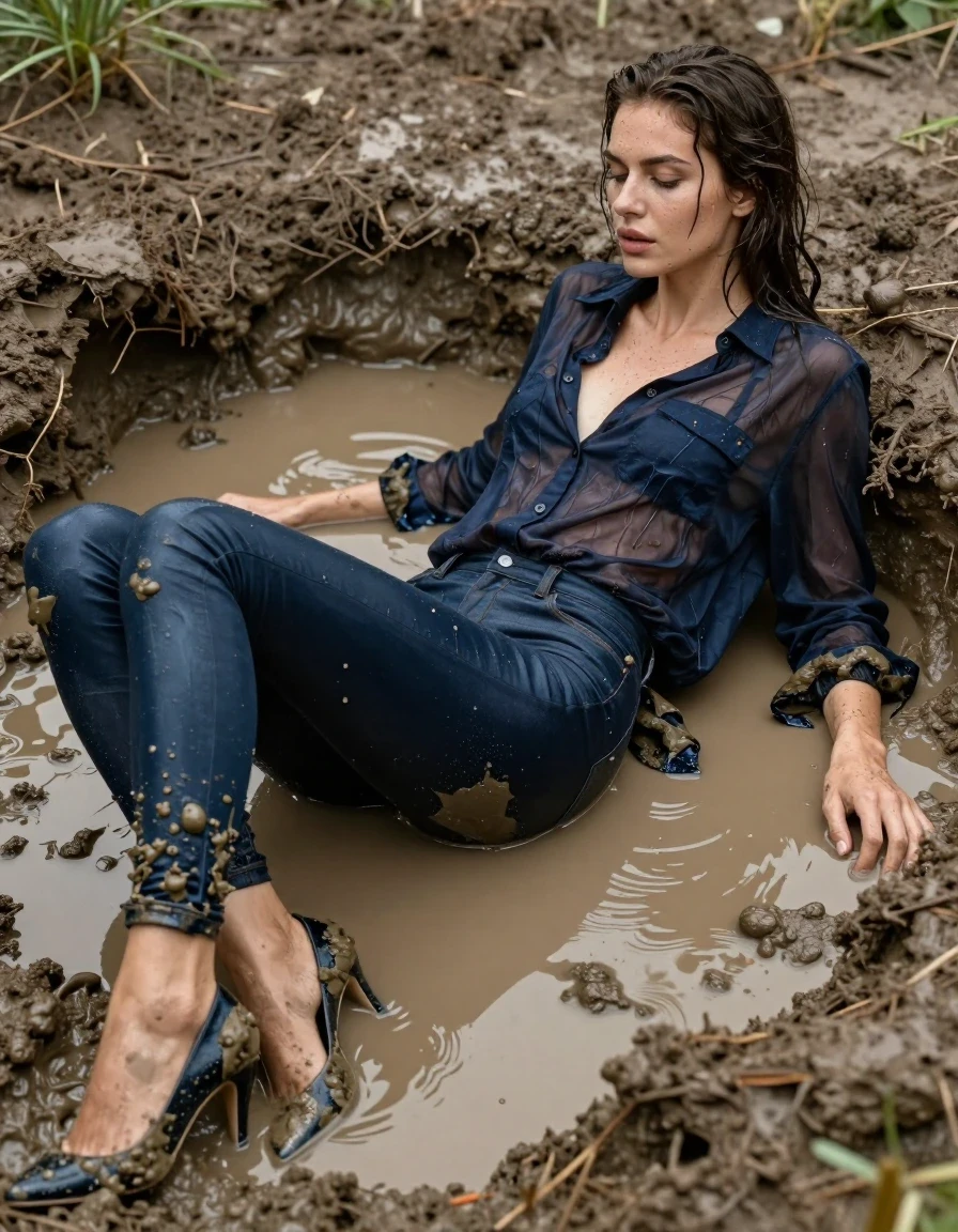 photo of young woman, in soaking wet, drenched clothes,
pumps, muddy dark blue slim floor-length silk jeans, see-through, muddy dark blue oversized long blouse, see-through, mud hole, 
enjoying, wet clothes stuck to body,
detailed textures of the wet clothes, wet face, wet plastered hair,
wet, drenched, professional, high-quality details, full body view.
sharp focus, ultra-high pixel detail, realistic, high-quality, full colors, incredibly detailed, 4k, 8k, 16k, hyper-realistic, RAW photo, masterpiece, ultra-detailed, professionally color graded, professional photograph, lying in muddy water, collar, long sleeves, buttoned,muddy wet hair, long hair, muddy clothes,  full body view, see-through, side view, muddy clothes, wet skin, wet clothes, damp fabric