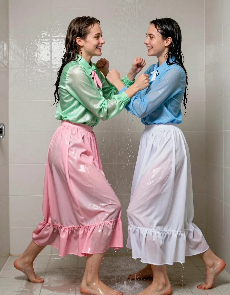 A photorealistic, high-detail scene of two young adult European female teachers playfully wrestling in a brightly lit, tiled shower stall. The first woman has bare feet and is wearing a vivid light green satin long-sleeved oversized shirt with a pink bowtie, paired with a floor-length pink silk skirt layered over multiple petticoats. The second woman wears a light blue long-sleeved blouse and a white maxi skirt with multiple petticoats. Both women have wet skin, damp hair, and clothes that are thoroughly soaked, with the fabric clinging to their bodies, showing heavy folds, water sheen, and deep, saturated color shifts due to the water. The environment features dripping wet tiles and cascading water spray. The lighting is bright and crisp, highlighting the specular reflections on their damp skin and the heavy, saturated texture of the wet silk and cotton fabrics. Cinematic composition capturing the dynamic movement of their playful struggle, sharp focus, high-resolution textures, 8k, professional photography.