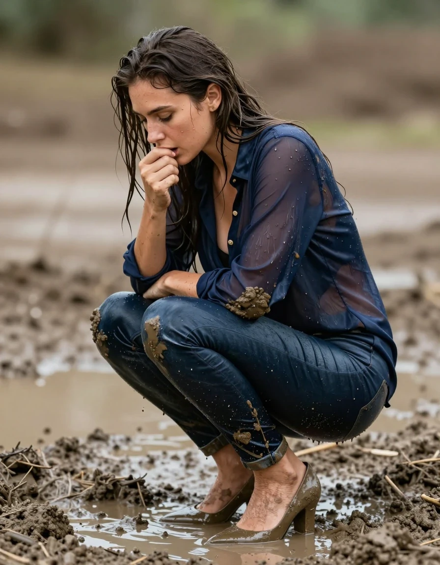 photo of young woman, in soaking wet, drenched clothes,
pumps, muddy dark blue slim floor-length silk jeans, see-through, muddy dark blue oversized long blouse, see-through, mud pool, 
enjoying, wet clothes stuck to body,
detailed textures of the wet clothes, wet face, wet plastered hair,
wet, drenched, professional, high-quality details, full body view.
sharp focus, ultra-high pixel detail, realistic, high-quality, full colors, incredibly detailed, 4k, 8k, 16k, hyper-realistic, RAW photo, masterpiece, ultra-detailed, professionally color graded, professional photograph, collar, long sleeves, buttoned,muddy wet hair, long hair, muddy clothes,  full body view, see-through, side view, muddy clothes, wet skin, wet clothes, damp fabric