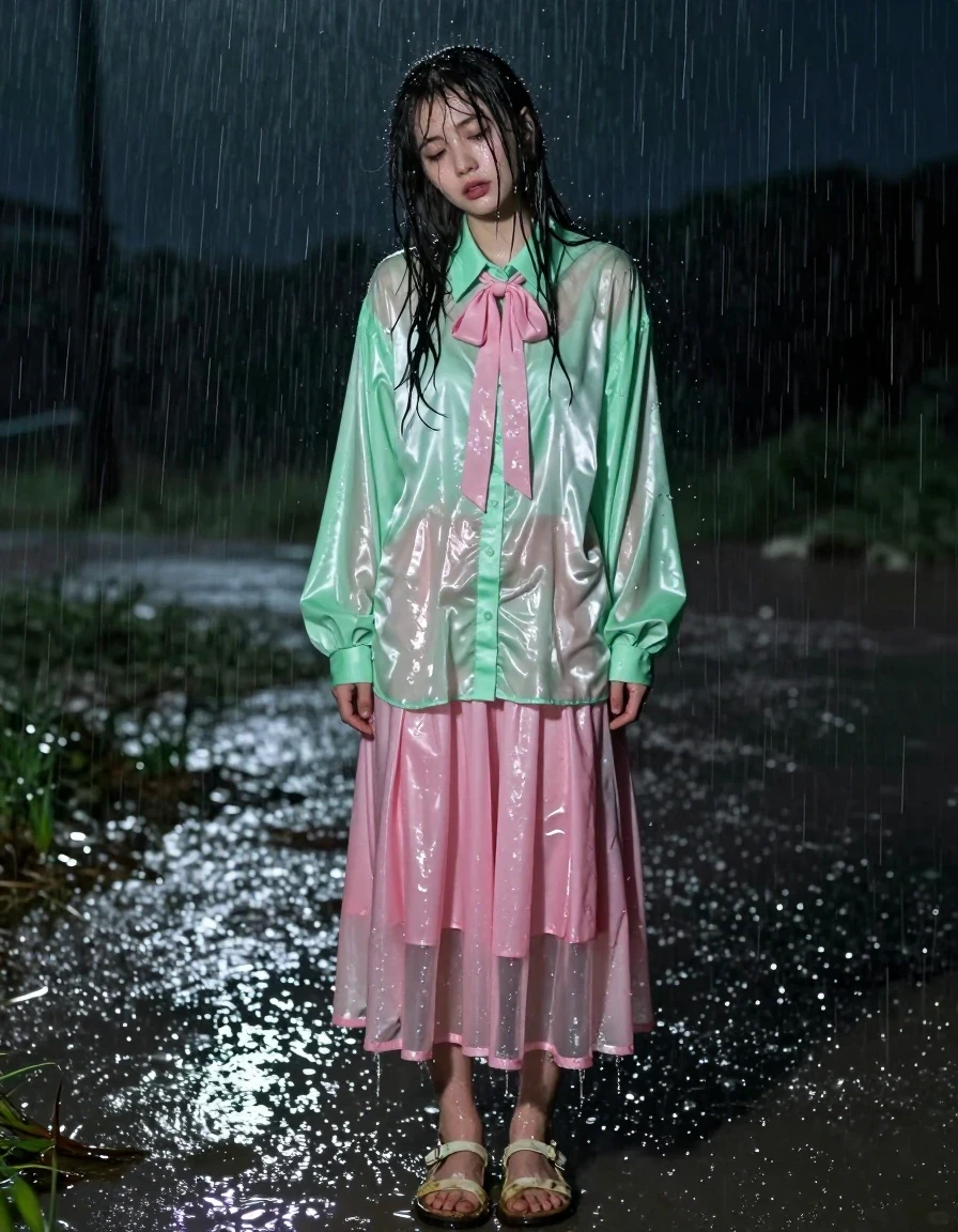 A photorealistic, full-body shot of a disheveled, nerdy young adult European woman with exhausted features and damp, rain-matted hair, standing in the middle of empty, dark fields during a torrential night downpour. She is wearing a vivid light green satin long-sleeved oversized shirt with a pink bowtie, the fabric clinging to her frame, darkened and heavy with water, showing deep folds and a glossy wet sheen. Below, she wears a pink silk floor-length skirt layered over multiple petticoats, the silk completely soaked, translucent in areas, and heavily draped against her legs from the weight of the water. On her feet are ruined, muddy sandals. She has a look of quiet contentment as she enjoys the rain, her skin glistening with water droplets and a slick wet sheen. The lighting is provided by dim, atmospheric moonlight reflecting off the saturated ground and the wet surfaces of her clothing. High-detail photography, 8k resolution, cinematic lighting, emphasizing the texture of soaking-wet fabrics and the intensity of the storm.