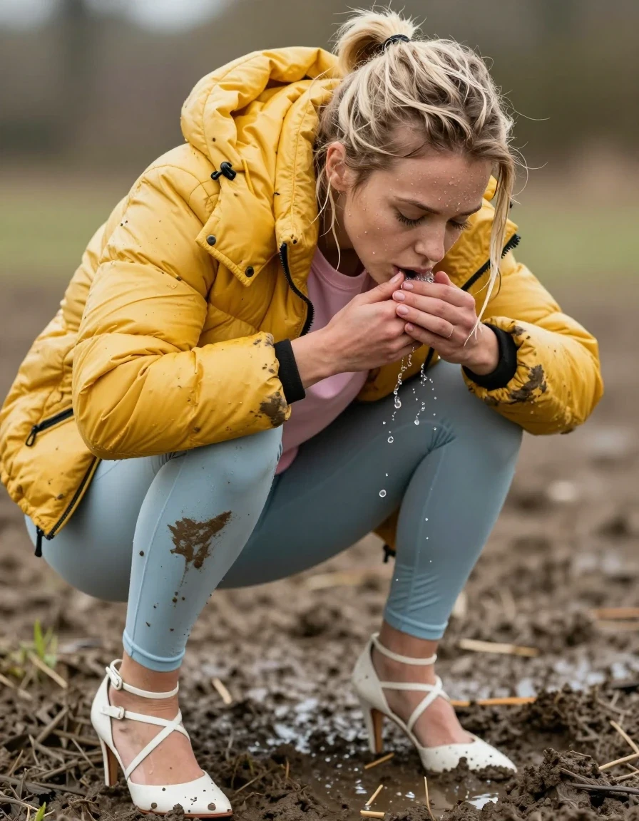 photo of young woman, in soaking wet, drenched clothes,
Strappy white stilettos, Dirty pale blue leggings , Very muddy yellow puffer jacket , dirty pink t-shirt , In deep mud, legs apart, peeing in clothes , 
enjoying, wet clothes stuck to body,
detailed textures of the wet clothes, wet face, wet plastered hair,
wet, drenched, professional, high-quality details, full body view.
sharp focus, ultra-high pixel detail, realistic, high-quality, full colors, incredibly detailed, 4k, 8k, 16k, hyper-realistic, RAW photo, masterpiece, ultra-detailed, professionally color graded, professional photograph, Blonde, wet skin, wet clothes, damp fabric