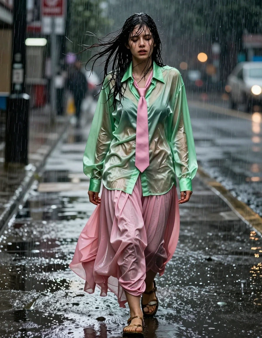 A photorealistic shot of a disheveled, nerdy young adult European woman walking home on an empty city pavement at night during a torrential downpour. She appears visibly exhausted, her hair plastered to her face and skin glistening with heavy rain. She wears a vivid light green satin long-sleeved oversized shirt, unbuttoned and blowing wildly in the strong wind, the fabric darkened and clinging to her skin from the deluge. Beneath, she wears a pink necktie and a voluminous pink silk floor-length skirt layered over multiple heavy, water-logged petticoats that are soaked through and clinging to her legs. Her feet are encased in ruined, muddy sandals. The scene is captured with realistic wetness: dark, heavy fabric folds, deep saturation from the rain, and strong glossy specular reflections on the wet surfaces. The background is a blurred, dark urban street at night with glistening, rain-slicked pavement reflecting dim streetlights. Cinematic lighting, high contrast, sharp focus on the subject, 8k resolution, captured on 35mm lens.
