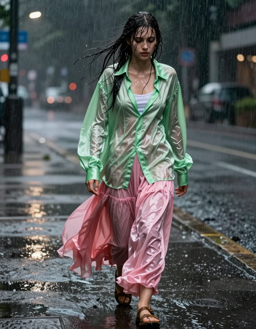 A photorealistic full-body shot of a disheveled and exhausted young European woman with a nerdy aesthetic, walking home alone on an empty urban pavement at night during a torrential downpour. She wears a vivid light green satin long-sleeved oversized shirt, fully unbuttoned and flapping in the strong wind, revealing a soaked white camisole underneath. She wears a voluminous pink silk floor-length skirt layered over multiple petticoats, the fabric heavy, clinging, and translucent from the deluge. Her feet are encased in ruined, muddy sandals. Her hair is plastered to her face, skin glistening with rain, and her clothing is saturated, dark, and heavy with water, clinging to her frame with realistic folds and glossy specular highlights. The atmosphere is dark and moody, illuminated by cold streetlights reflecting off the slick, rain-drenched pavement. High-detail photography, 8k resolution, captured on 35mm lens, intense rain droplets, wet texture, realistic fabric physics, cinematic lighting.
