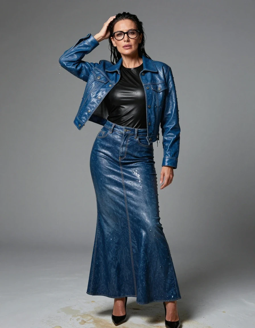 photo of young woman, in soaking wet, drenched clothes,
high heels black shoes, maxi blue flared leather denim skirt, long black tight leather t-shirt, maxi blue shiny leather denim jacket, after shower, enjoying wet clothes stuck body, enjoying, wet clothes stuck to body, 
enjoying, wet clothes stuck to body,
detailed textures of the wet clothes, wet face, wet plastered hair,
wet, drenched, professional, high-quality details, full body view.
sharp focus, ultra-high pixel detail, realistic, high-quality, full colors, incredibly detailed, 4k, 8k, 16k, hyper-realistic, RAW photo, masterpiece, ultra-detailed, professionally color graded, professional photograph, europen brunette skinny woman 50 years old, long dark black hair, office glasses, very big and thick lips, complete body, wet skin, wet clothes, damp fabric, wet skin, wet clothes, damp fabric, wet skin, wet clothes, damp fabric, wet skin, wet clothes, damp fabric, wet skin, wet clothes, damp fabric, wet skin, wet clothes, damp fabric, wet skin, wet clothes, damp fabric