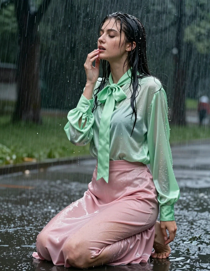 photo of young woman, in soaking wet, drenched clothes,
barefeet, pink silk floor length skirt, petticoat, vivid light green satin long sleeved oversized shirt, bowtie, in an empty park at night, during torrential downpour and huge winds, 
enjoying, wet clothes stuck to body,
detailed textures of the wet clothes, wet face, wet plastered hair,
wet, drenched, professional, high-quality details, full body view.
sharp focus, ultra-high pixel detail, realistic, high-quality, full colors, incredibly detailed, 4k, 8k, 16k, hyper-realistic, RAW photo, masterpiece, ultra-detailed, professionally color graded, professional photograph, nerdy,caught in the storm, on her knees, enjoys the rain, wet skin, wet clothes, damp fabric, wet skin, wet clothes, damp fabric