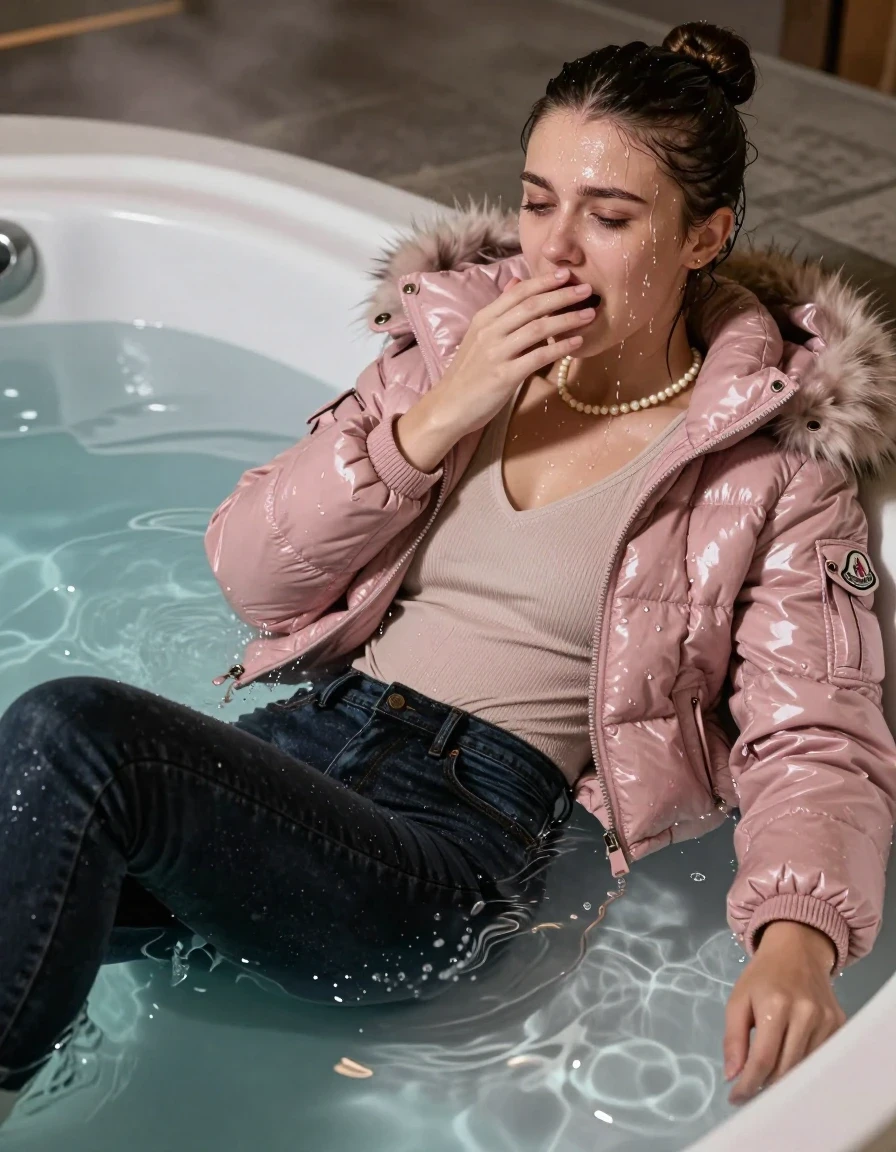 photo of young woman, in soaking wet, drenched clothes,
, Dark skinny jeans, Light pink Moncler shiny puffer down jacket with fur, Open jacket, tight v-neck sweater, shoulderbag, pearl necklace, bracelet, wristwatch, Steaming indoor jacuzzi , 
enjoying, wet clothes stuck to body,
detailed textures of the wet clothes, wet face, wet plastered hair,
wet, drenched, professional, high-quality details, full body view.
sharp focus, ultra-high pixel detail, realistic, high-quality, full colors, incredibly detailed, 4k, 8k, 16k, hyper-realistic, RAW photo, masterpiece, ultra-detailed, professionally color graded, professional photograph, A realistic vertical fashion photograph taken from a backward, behind-the-back angle of a 15-year-old teenage girl lying in a steaming indoor jacuzzi, facing to the camera to show her back. She is tilting her head at camera, letting the water drench her hair so it is glued flat against her head and body. She has a sleek bun , completely saturated and dripping wet hair, with water cascading down her face and neck, crying and astonished expression. Hold her hand over her mouth. open mouth, half closed eyes. The lighting is bright and cinematic, highlighting the glistening water droplets on her skin and the saturated texture of her  casual clothes.  half closed eyes. 
her clothing is soaking wet and clinging tightly to her skin, showing heavy wet folds, darkened fabric texture, and deep water-saturated Patches, her clothes are heavy from the water, water runs from her body and her clothes in streams. A lot of water also runs out of her clothes. Her clothes are darkened by the water. 
hyper-realistic wetness, high-contrast water sheen, sharp focus, 16k resolution, professional photography, realistic water physics., wet skin, wet clothes, damp fabric, wet skin, wet clothes, damp fabric, wet skin, wet clothes, damp fabric, wet skin, wet clothes, damp fabric, wet skin, wet clothes, damp fabric, wet skin, wet clothes, damp fabric, wet skin, wet clothes, damp fabric, wet skin, wet clothes, damp fabric, wet skin, wet clothes, damp fabric, wet skin, wet clothes, damp fabric, wet skin, wet clothes, damp fabric, wet skin, wet clothes, damp fabric, wet skin, wet clothes, damp fabric