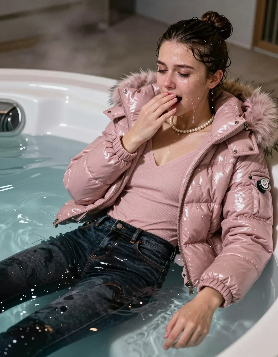 photo of young woman, in soaking wet, drenched clothes,
, Dark skinny jeans, Light pink Moncler shiny puffer down jacket with fur, Open jacket, tight v-neck sweater, shoulderbag, pearl necklace, bracelet, wristwatch, Steaming indoor jacuzzi , 
enjoying, wet clothes stuck to body,
detailed textures of the wet clothes, wet face, wet plastered hair,
wet, drenched, professional, high-quality details, full body view.
sharp focus, ultra-high pixel detail, realistic, high-quality, full colors, incredibly detailed, 4k, 8k, 16k, hyper-realistic, RAW photo, masterpiece, ultra-detailed, professionally color graded, professional photograph, A realistic vertical fashion photograph taken from a backward, behind-the-back angle of a 15-year-old teenage girl lying in a steaming indoor jacuzzi, facing away from the camera to show her back. She is tilting her head at camera, letting the water drench her hair so it is glued flat against her head and body. She has a sleek bun , completely saturated and dripping wet hair, with water cascading down her face and neck, crying and astonished expression. Hold her hand over her mouth. open mouth, half closed eyes. The lighting is bright and cinematic, highlighting the glistening water droplets on her skin and the saturated texture of her  casual clothes.  half closed eyes. 
her clothing is soaking wet and clinging tightly to her skin, showing heavy wet folds, darkened fabric texture, and deep water-saturated Patches, her clothes are heavy from the water, water runs from her body and her clothes in streams. A lot of water also runs out of her clothes. Her clothes are darkened by the water. 
hyper-realistic wetness, high-contrast water sheen, sharp focus, 16k resolution, professional photography, realistic water physics., wet skin, wet clothes, damp fabric, wet skin, wet clothes, damp fabric, wet skin, wet clothes, damp fabric, wet skin, wet clothes, damp fabric, wet skin, wet clothes, damp fabric, wet skin, wet clothes, damp fabric, wet skin, wet clothes, damp fabric, wet skin, wet clothes, damp fabric, wet skin, wet clothes, damp fabric, wet skin, wet clothes, damp fabric, wet skin, wet clothes, damp fabric, wet skin, wet clothes, damp fabric, wet skin, wet clothes, damp fabric