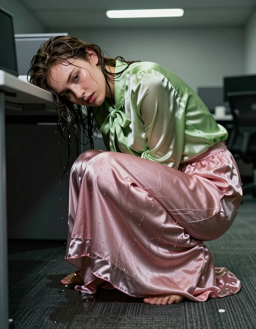 A photorealistic, high-detail wide shot of a young adult European woman with a nerdy appearance, cowering in a submissive posture under a dark office cubicle desk at night. She has glistening wet skin and damp, matted hair. She is wearing a vivid light green satin long-sleeved oversized shirt with a bowtie, and a floor-length pink silk skirt. The fabric of her garments is heavily soaked, with the silk and satin clinging to her frame, showing deep, translucent saturation, darkened tones, and heavy wet folds where the material absorbs water. Her bare feet are visible, pressing against the office carpet. The scene is lit by the dim, harsh glow of a single overhead fluorescent office light casting long, dramatic shadows. The atmosphere is tense, capturing the texture of the clinging, damp fabric and the slick, wet sheen on her skin. 8k resolution, cinematic lighting, sharp focus on the wet fabric textures, high-contrast office environment.
