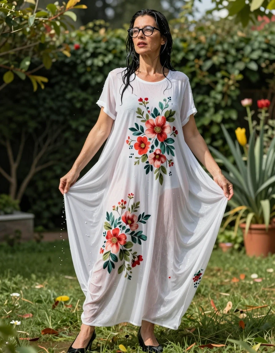 photo of young woman, in soaking wet, drenched clothes,
high black shoes, maxi white floral t-shirt dress, maxi white floral t-shirt dress, in sunny garden, enjoying wet clothes stuck body, enjoying, wet clothes stuck to body, 
enjoying, wet clothes stuck to body,
detailed textures of the wet clothes, wet face, wet plastered hair,
wet, drenched, professional, high-quality details, full body view.
sharp focus, ultra-high pixel detail, realistic, high-quality, full colors, incredibly detailed, 4k, 8k, 16k, hyper-realistic, RAW photo, masterpiece, ultra-detailed, professionally color graded, professional photograph, europen brunette skinny woman 50 years old, long dark black hair, office glasses, very big and thick lips, complete body, wet skin, wet clothes, damp fabric, wet skin, wet clothes, damp fabric, wet skin, wet clothes, damp fabric, wet skin, wet clothes, damp fabric, wet skin, wet clothes, damp fabric, wet skin, wet clothes, damp fabric, wet skin, wet clothes, damp fabric