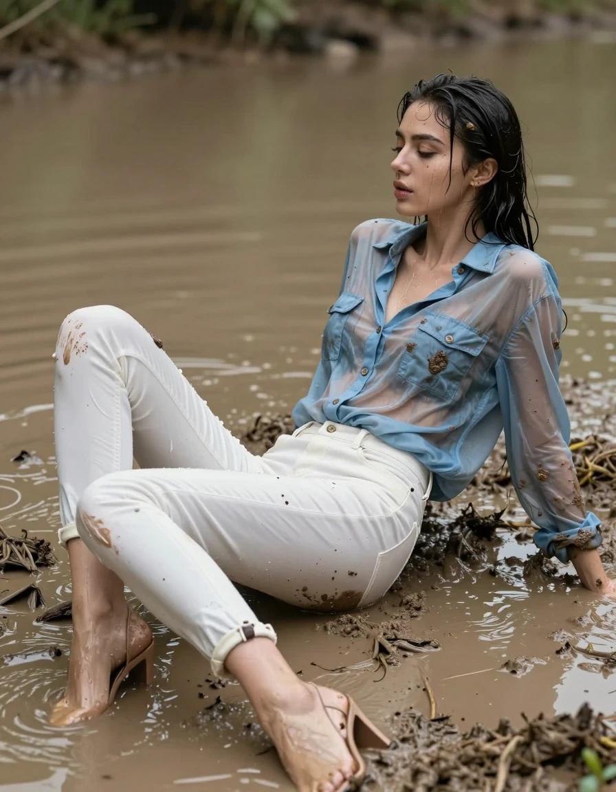 photo of young woman, in soaking wet, drenched clothes,
pumps, muddy white slim floor-length silk jeans, see-through, muddy light blue oversized long blouse, see-through, mud shower, 
enjoying, wet clothes stuck to body,
detailed textures of the wet clothes, wet face, wet plastered hair,
wet, drenched, professional, high-quality details, full body view.
sharp focus, ultra-high pixel detail, realistic, high-quality, full colors, incredibly detailed, 4k, 8k, 16k, hyper-realistic, RAW photo, masterpiece, ultra-detailed, professionally color graded, professional photograph, lying in muddy lake
, collar, long sleeves, buttoned, muddy wet hair, long hair, muddy clothes,  full body view, see-through, side view, muddy clothes, drenched clothes, shower, wet skin, wet clothes, damp fabric