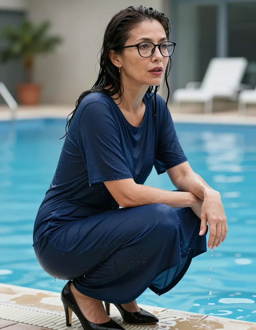photo of young woman, in soaking wet, drenched clothes,
high black shoes, maxi dark blue t-shirt dress, maxi dark blue t-shirt dress, after bath in swiming pool, enjoying wet clothes stuck body, enjoying, wet clothes stuck to body, 
enjoying, wet clothes stuck to body,
detailed textures of the wet clothes, wet face, wet plastered hair,
wet, drenched, professional, high-quality details, full body view.
sharp focus, ultra-high pixel detail, realistic, high-quality, full colors, incredibly detailed, 4k, 8k, 16k, hyper-realistic, RAW photo, masterpiece, ultra-detailed, professionally color graded, professional photograph, europen brunette skinny woman 50 years old, long dark black hair, office glasses, very big and thick lips, complete body, wet skin, wet clothes, damp fabric, wet skin, wet clothes, damp fabric, wet skin, wet clothes, damp fabric, wet skin, wet clothes, damp fabric, wet skin, wet clothes, damp fabric, wet skin, wet clothes, damp fabric, wet skin, wet clothes, damp fabric