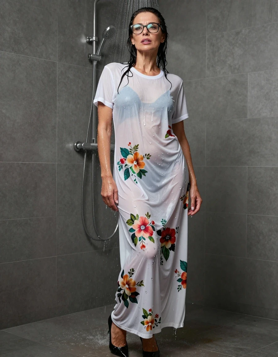 photo of young woman, in soaking wet, drenched clothes,
high black shoes, maxi white floral t-shirt dress, maxi white floral t-shirt dress, after shower, enjoying wet clothes stuck body, enjoying, wet clothes stuck to body, 
enjoying, wet clothes stuck to body,
detailed textures of the wet clothes, wet face, wet plastered hair,
wet, drenched, professional, high-quality details, full body view.
sharp focus, ultra-high pixel detail, realistic, high-quality, full colors, incredibly detailed, 4k, 8k, 16k, hyper-realistic, RAW photo, masterpiece, ultra-detailed, professionally color graded, professional photograph, europen brunette skinny woman 50 years old, long dark black hair, office glasses, very big and thick lips, complete body, wet skin, wet clothes, damp fabric, wet skin, wet clothes, damp fabric, wet skin, wet clothes, damp fabric, wet skin, wet clothes, damp fabric, wet skin, wet clothes, damp fabric, wet skin, wet clothes, damp fabric, wet skin, wet clothes, damp fabric