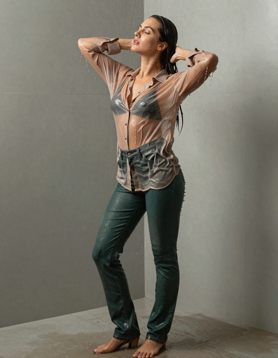 photo of young woman, in soaking wet, drenched clothes,
pumps, dark green oversized floor-length jeans, see-through, light brown oversized floor-length blouse, see-through, standing in shower, rain, 
enjoying, wet clothes stuck to body,
detailed textures of the wet clothes, wet face, wet plastered hair,
wet, drenched, professional, high-quality details, full body view.
sharp focus, ultra-high pixel detail, realistic, high-quality, full colors, incredibly detailed, 4k, 8k, 16k, hyper-realistic, RAW photo, masterpiece, ultra-detailed, professionally color graded, professional photograph, collar, long sleeves, buttoned, wet clinging hair, long hair, drenched, dripping wet, submerged, full body view, see-through, side view, wet skin, wet clothes, damp fabric