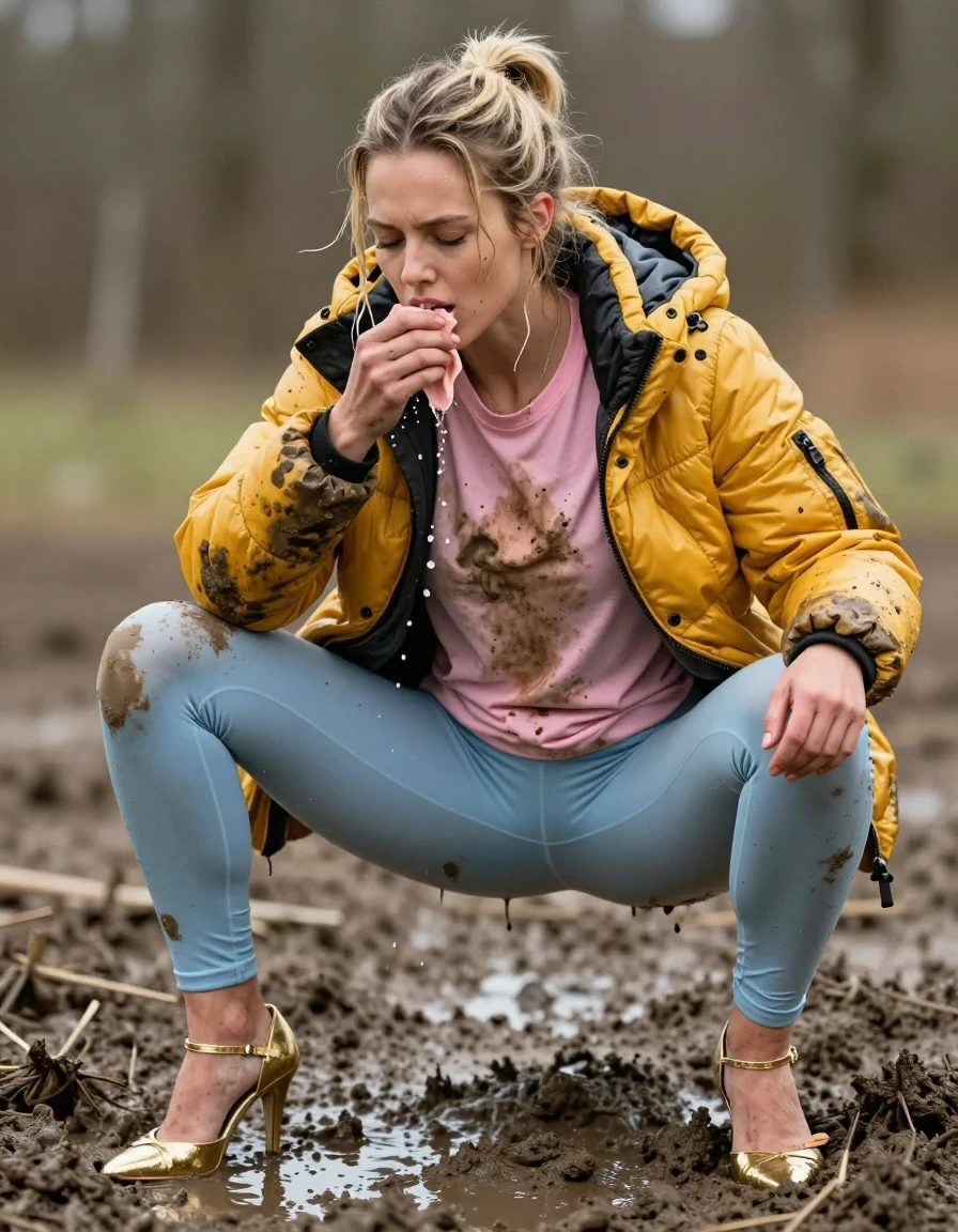 photo of young woman, in soaking wet, drenched clothes,
Strappy gold stilettos, Dirty pale blue leggings , Very muddy yellow puffer jacket , dirty pink t-shirt , In deep mud, legs apart, peeing in clothes , having a dump in her panties, 
enjoying, wet clothes stuck to body,
detailed textures of the wet clothes, wet face, wet plastered hair,
wet, drenched, professional, high-quality details, full body view.
sharp focus, ultra-high pixel detail, realistic, high-quality, full colors, incredibly detailed, 4k, 8k, 16k, hyper-realistic, RAW photo, masterpiece, ultra-detailed, professionally color graded, professional photograph, Blonde, wet skin, wet clothes, damp fabric