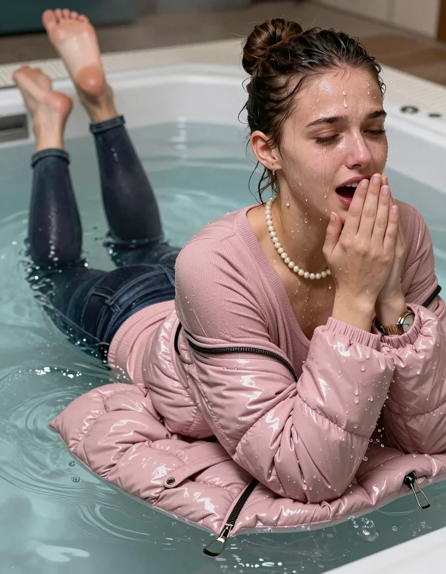 photo of young woman, in soaking wet, drenched clothes,
, Dark skinny jeans, Light pink Moncler shiny puffer down jacket with fur, Open jacket, tight v-neck sweater, shoulderbag, pearl necklace, bracelet, wristwatch, Steaming indoor jacuzzi , 
enjoying, wet clothes stuck to body,
detailed textures of the wet clothes, wet face, wet plastered hair,
wet, drenched, professional, high-quality details, full body view.
sharp focus, ultra-high pixel detail, realistic, high-quality, full colors, incredibly detailed, 4k, 8k, 16k, hyper-realistic, RAW photo, masterpiece, ultra-detailed, professionally color graded, professional photograph, A realistic vertical fashion photograph taken from a backward, behind-the-back angle of a 15-year-old teenage girl lying in a steaming indoor jacuzzi, facing away from the camera to show her back. She is tilting her head at camera, letting the water drench her hair so it is glued flat against her head and body. She has a sleek bun , completely saturated and dripping wet hair, with water cascading down her face and neck, crying and astonished expression. Hold her hand over her mouth. open mouth, half closed eyes. The lighting is bright and cinematic, highlighting the glistening water droplets on her skin and the saturated texture of her  casual clothes.  half closed eyes. 
her clothing is soaking wet and clinging tightly to her skin, showing heavy wet folds, darkened fabric texture, and deep water-saturated Patches, her clothes are heavy from the water, water runs from her body and her clothes in streams. A lot of water also runs out of her clothes. Her clothes are darkened by the water. 
hyper-realistic wetness, high-contrast water sheen, sharp focus, 16k resolution, professional photography, realistic water physics., wet skin, wet clothes, damp fabric, wet skin, wet clothes, damp fabric, wet skin, wet clothes, damp fabric, wet skin, wet clothes, damp fabric, wet skin, wet clothes, damp fabric, wet skin, wet clothes, damp fabric, wet skin, wet clothes, damp fabric, wet skin, wet clothes, damp fabric, wet skin, wet clothes, damp fabric, wet skin, wet clothes, damp fabric, wet skin, wet clothes, damp fabric, wet skin, wet clothes, damp fabric, wet skin, wet clothes, damp fabric