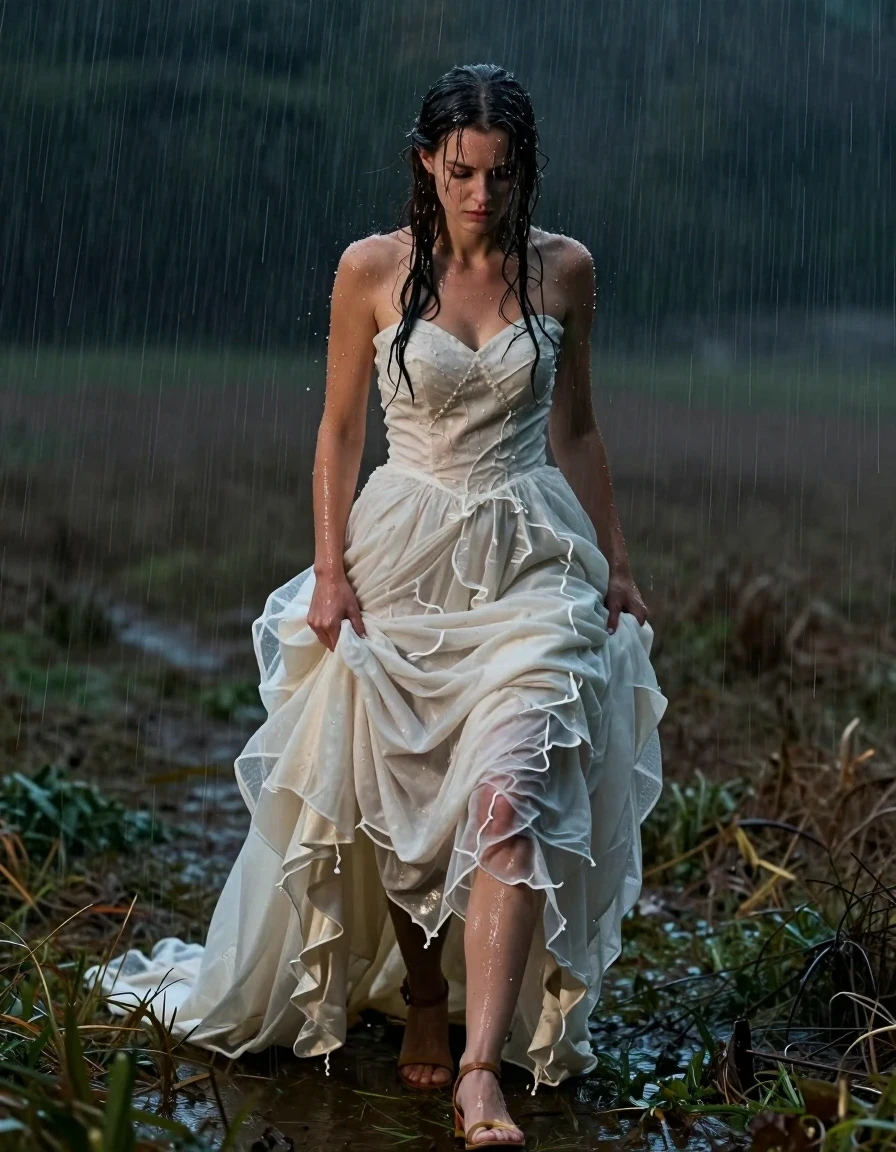 photo of young woman, in soaking wet, drenched clothes,
ruined sandals, wedding dress, multiple petticoats, wedding dress, multiple petticoats, walking home on the empty fields at night in torrential rain, 
enjoying, wet clothes stuck to body,
detailed textures of the wet clothes, wet face, wet plastered hair,
wet, drenched, professional, high-quality details, full body view.
sharp focus, ultra-high pixel detail, realistic, high-quality, full colors, incredibly detailed, 4k, 8k, 16k, hyper-realistic, RAW photo, masterpiece, ultra-detailed, professionally color graded, professional photograph, nerdy, exhausted, disheveled, enjoys the rain, wet skin, wet clothes, damp fabric, wet skin, wet clothes, damp fabric